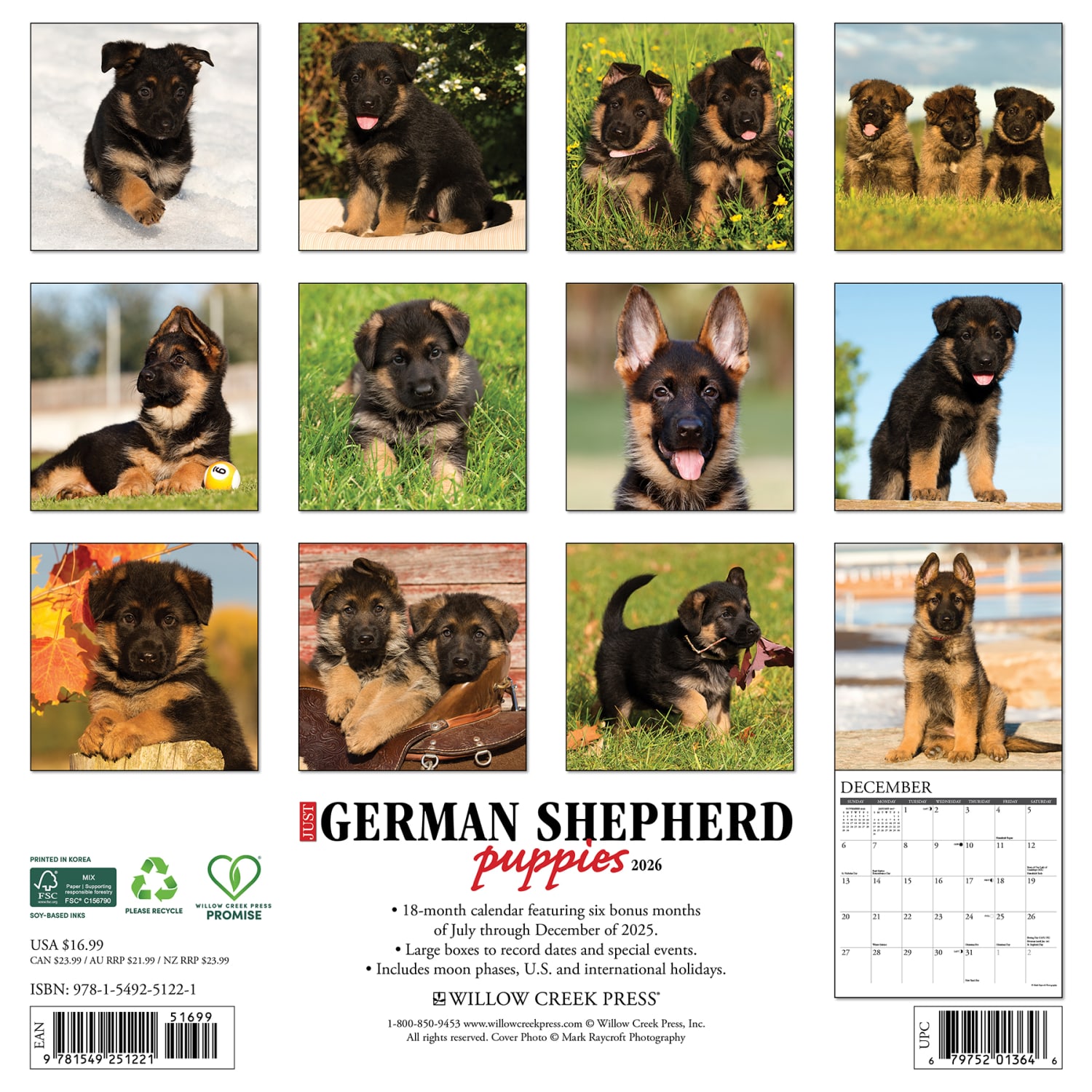 2026 Willow Creek Press Animals Monthly Wall Calendar, 12in x 12in, German Shepherd Puppies, January To December, 51221 - Image 6