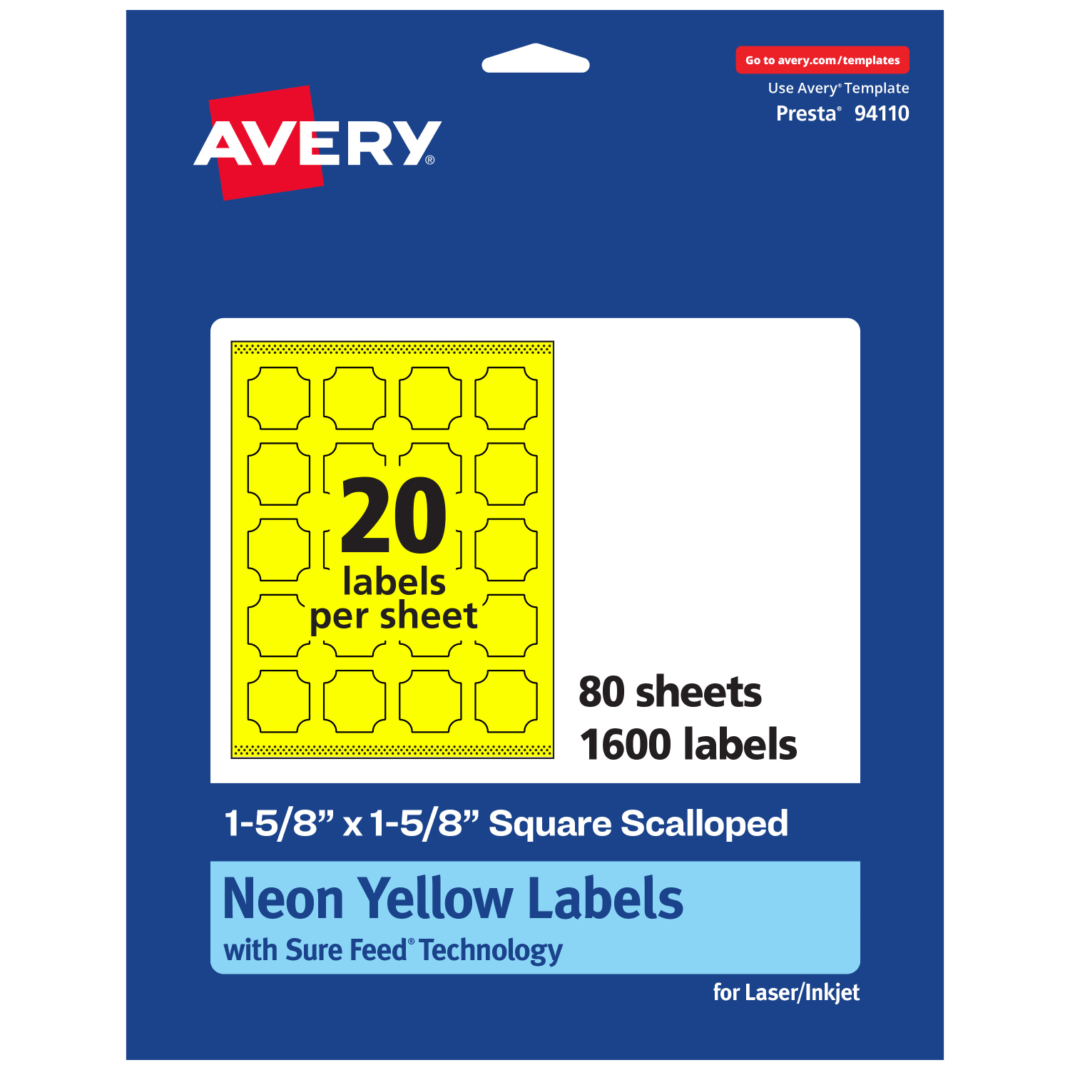 Avery Print-To-The-Edge Labels With Sure Feed Technology, 94110-NYP80, Square Scalloped, 1-5/8in x 1-5/8in, Matte Neon Yellow, Pack of 1600