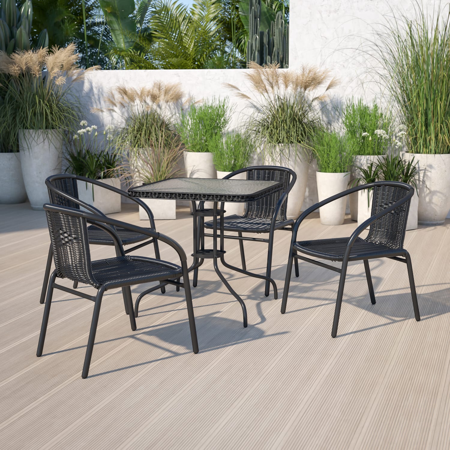 Flash Furniture Barker Square Tempered-Glass Metal Outdoor Furniture Table With Rattan Edging, 28inH x 28inW x 28inD, Clear/Black