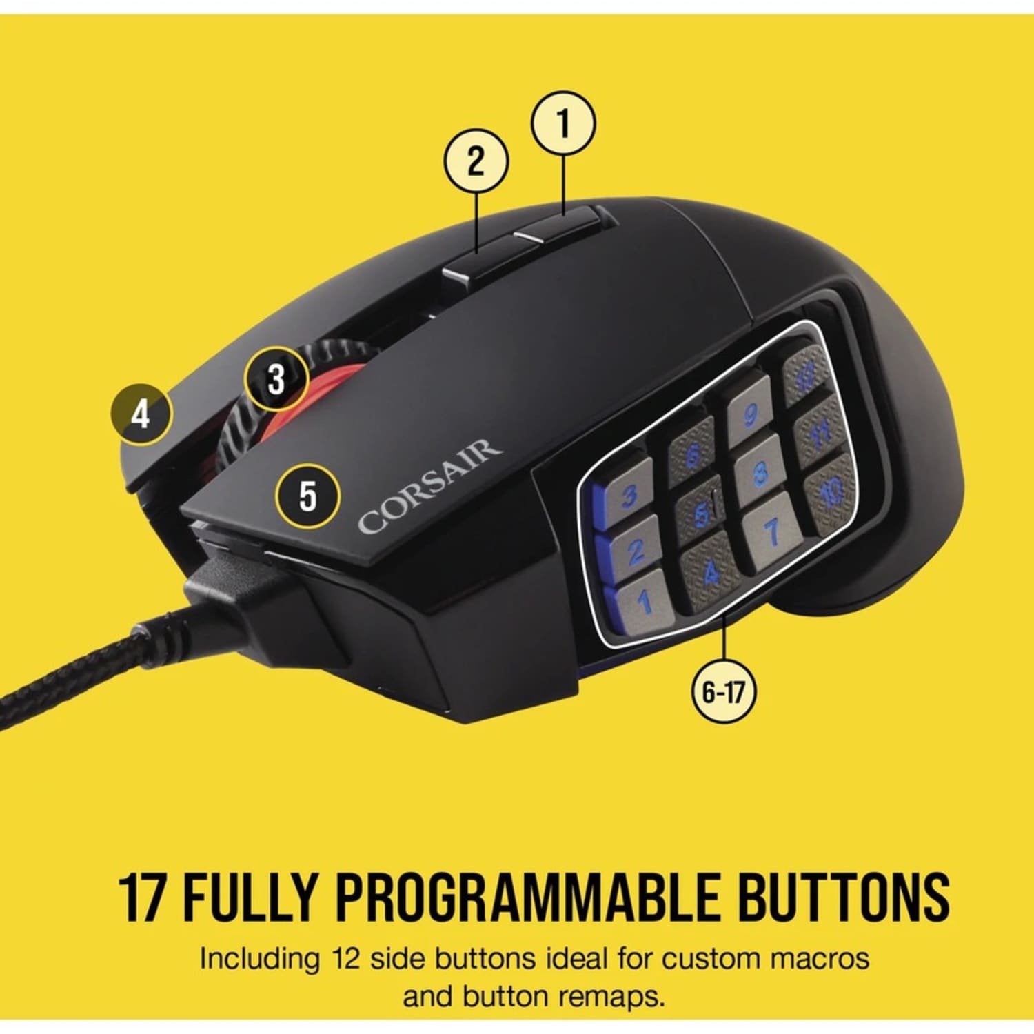 Corsair Scimitar RGB Elite Gaming Mouse - Optical - Cable - 18000 dpi - Scroll Wheel - 17 Button(s) - Image 6
