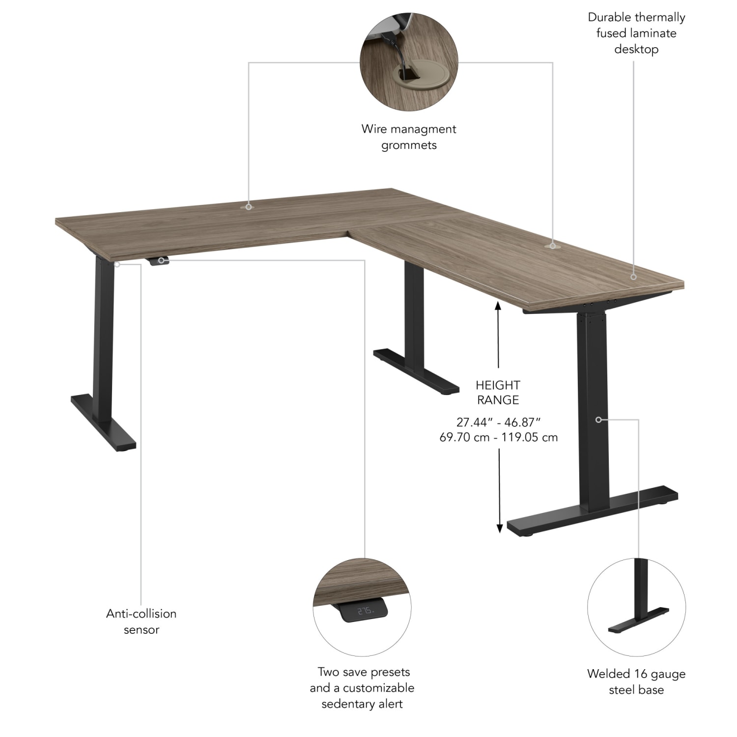 Bush Business Furniture Move 60 Series 60inW Height Adjustable L Shaped Standing Desk, Modern Hickory/Black Powder Coat, Standard Delivery - Image 4