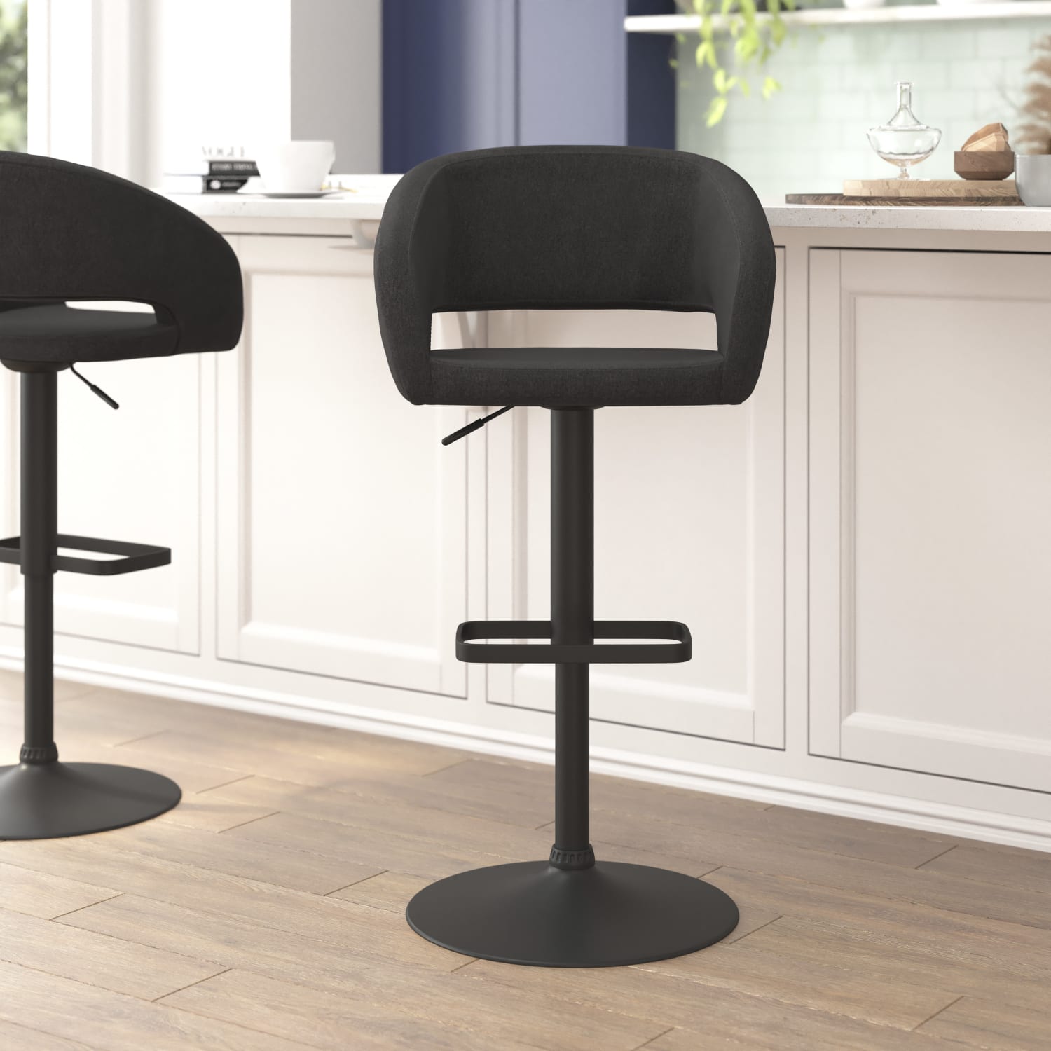 Flash Furniture Contemporary Fabric Adjustable Height Bar Stool With Rounded Mid-Back, Charcoal/Black