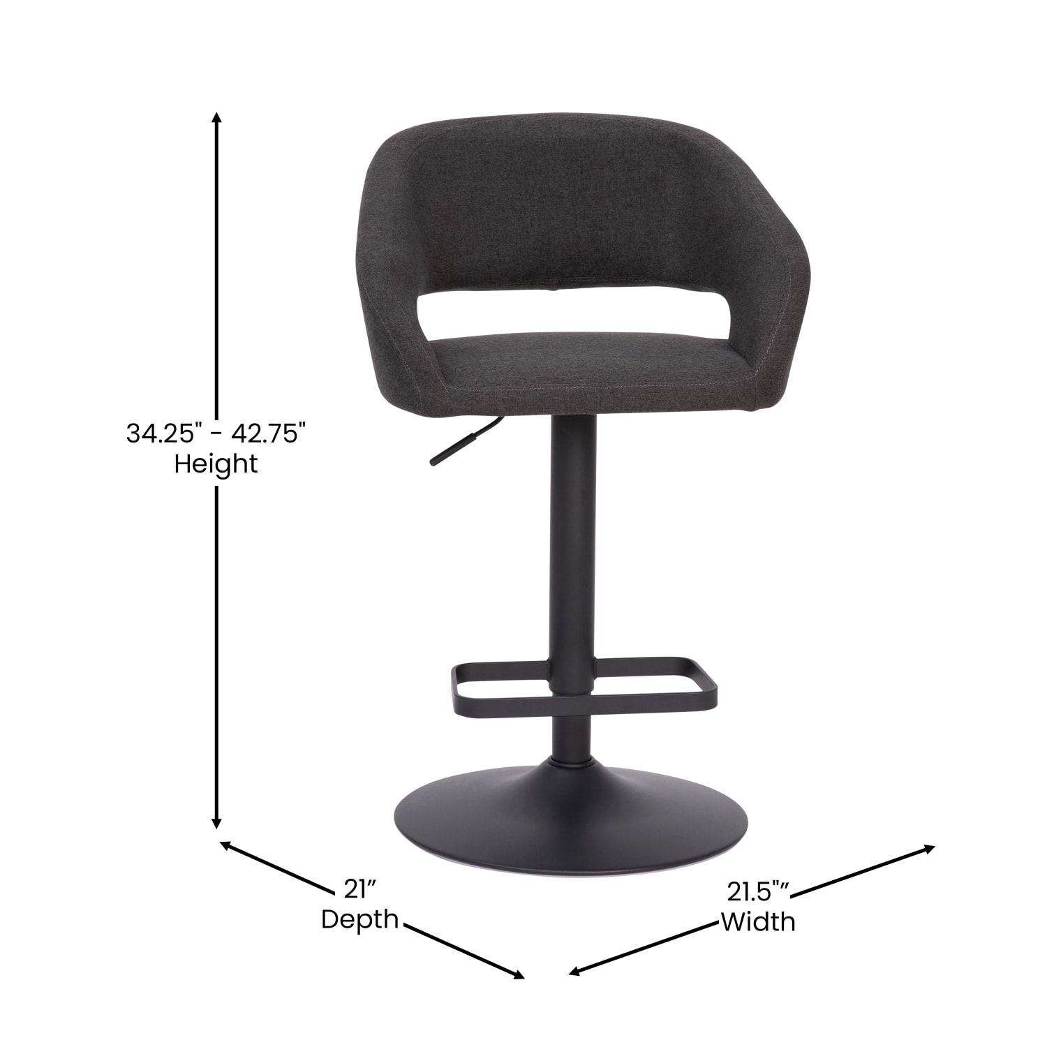 Flash Furniture Contemporary Fabric Adjustable Height Bar Stool With Rounded Mid-Back, Charcoal/Black - Image 6