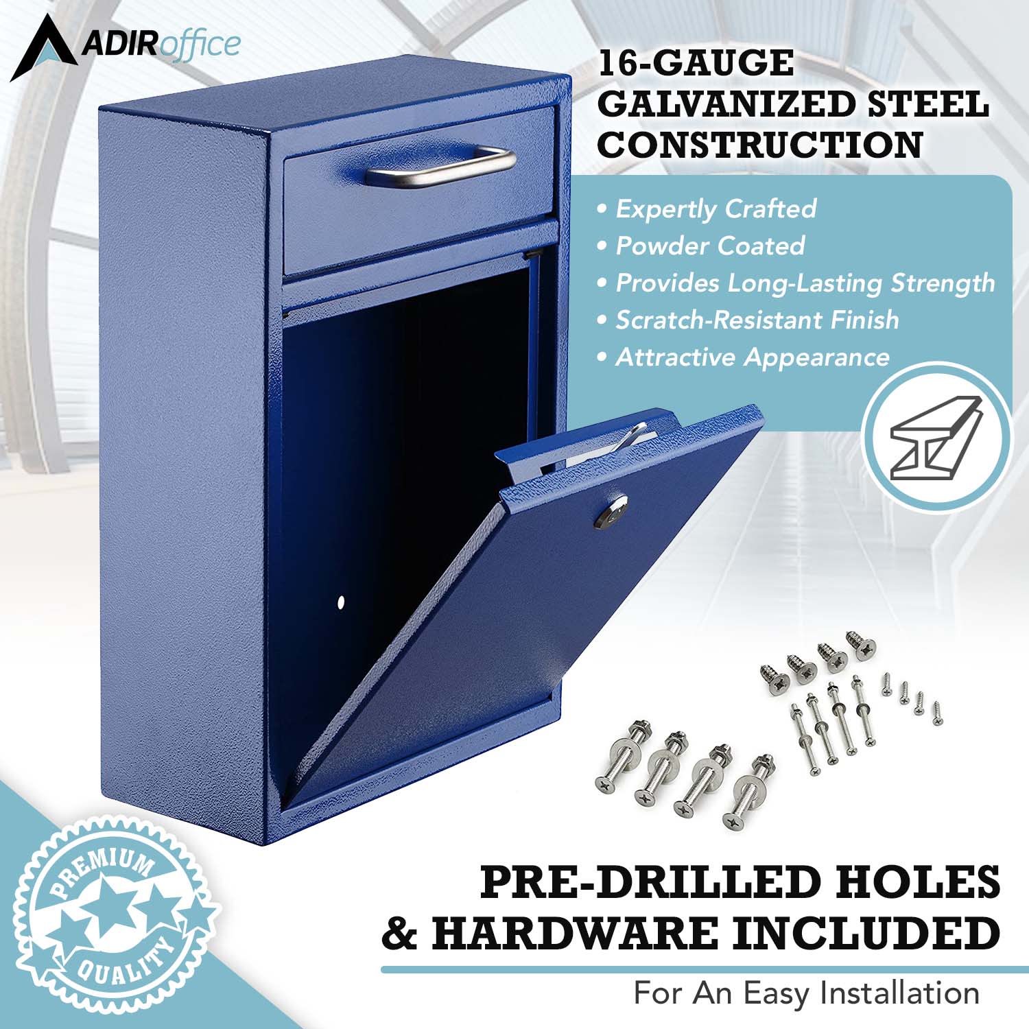 Alpine AdirOffice Large Ultimate Drop Box Wall-Mounted Mail Box, 16-1/4inH x 11-1/4inW x 4-3/4inD, Blue - Image 5