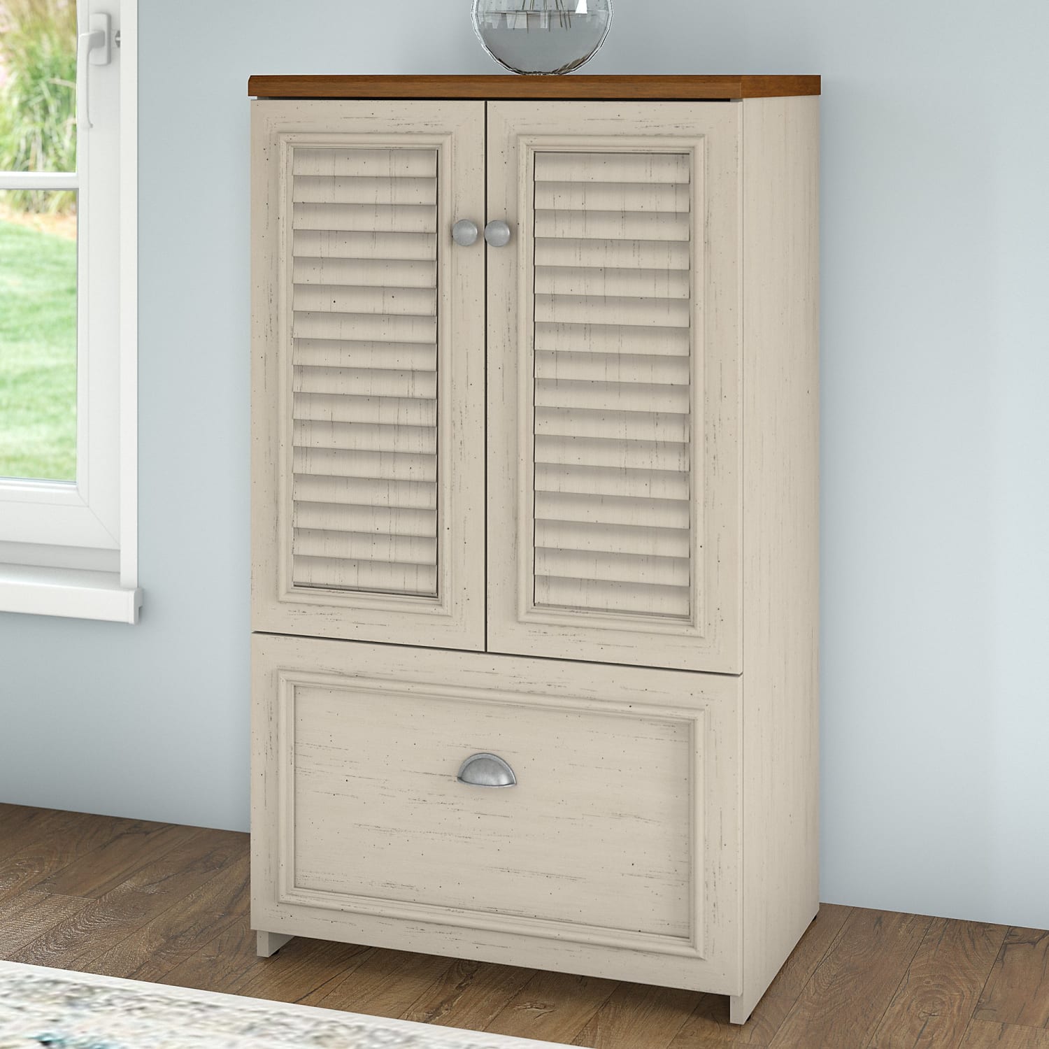 Bush Furniture Fairview Storage Cabinet With Drawer, Antique White/Tea Maple, Standard Delivery - Image 3