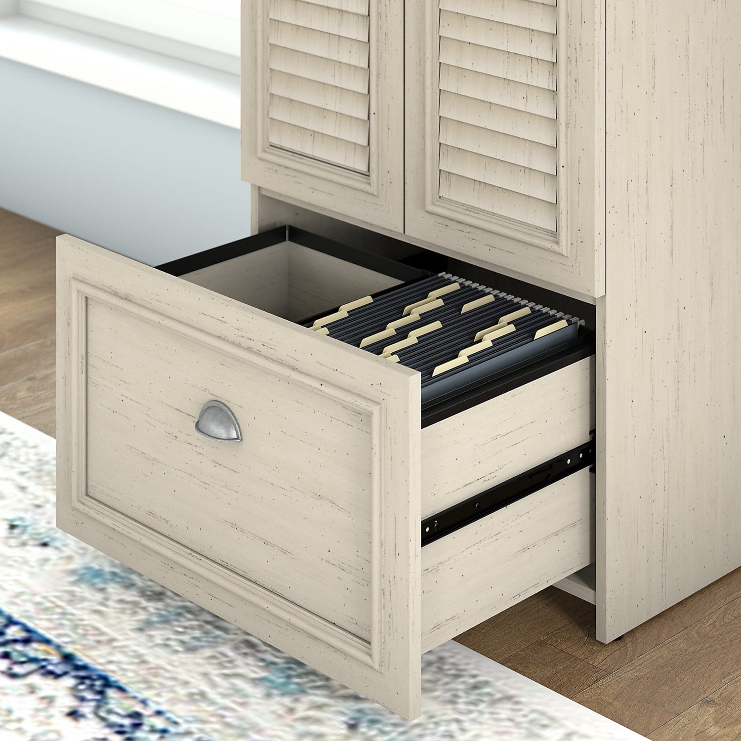 Bush Furniture Fairview Storage Cabinet With Drawer, Antique White/Tea Maple, Standard Delivery - Image 5