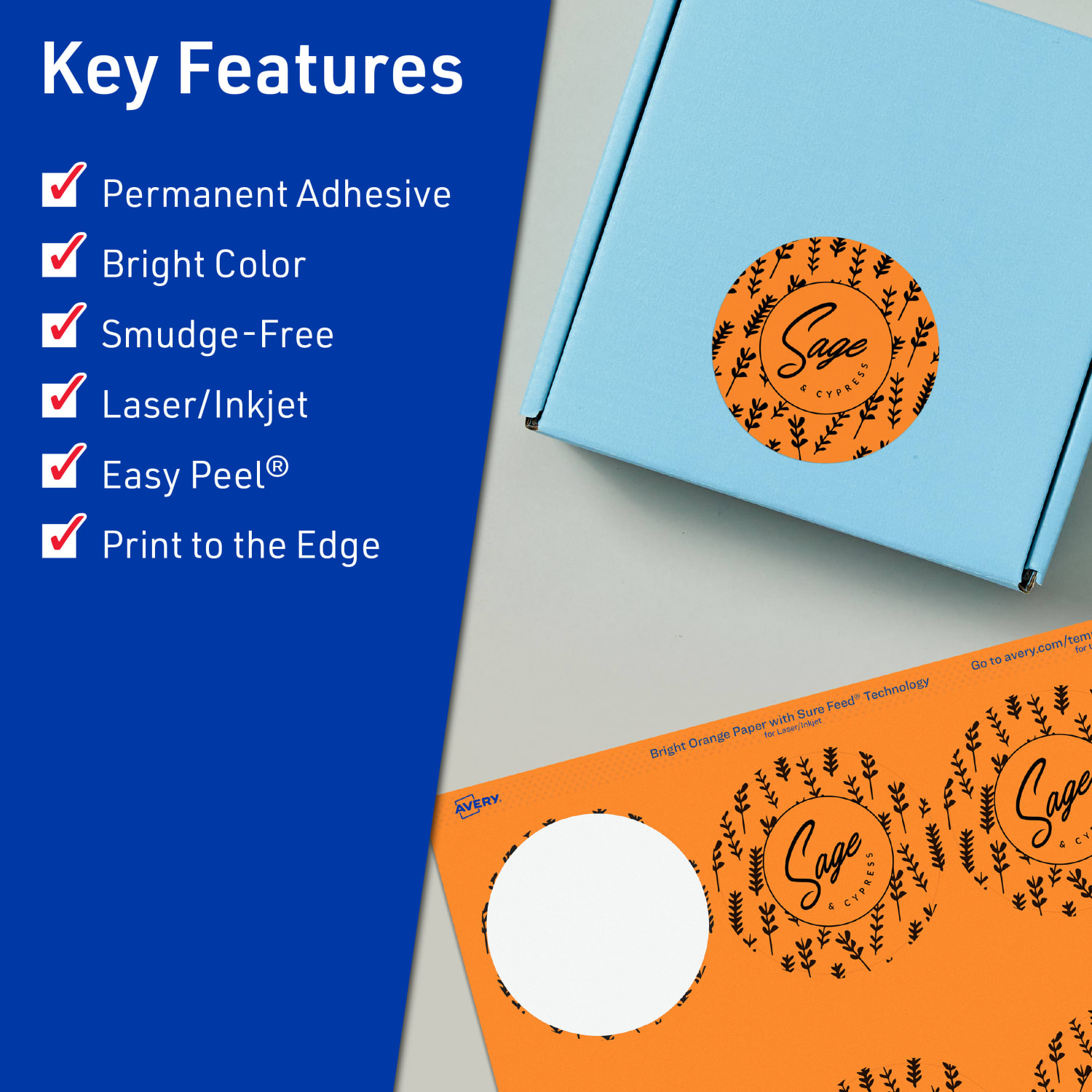Avery Print-To-The-Edge Labels With Sure Feed Technology And Easy Peel Label Feature, 94513-BOP10, Round, 3in, Matte Bright Orange, Pack of 60 - Image 3