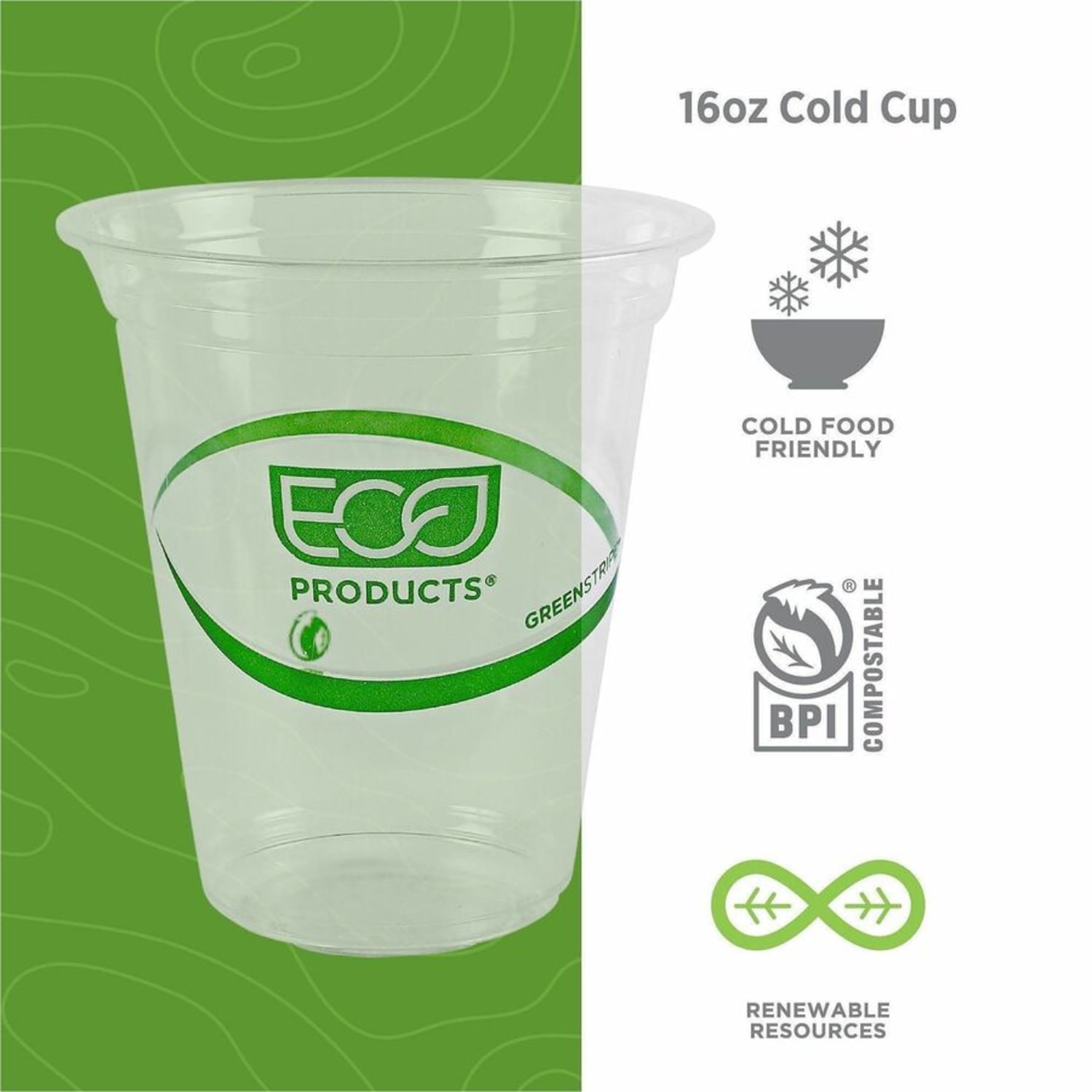 Eco-Products 16 oz GreenStripe Cold Cups - 16 fl oz - Clear, Green - Polylactic Acid (PLA) - Cold Drink - 50 / Pack - Image 4