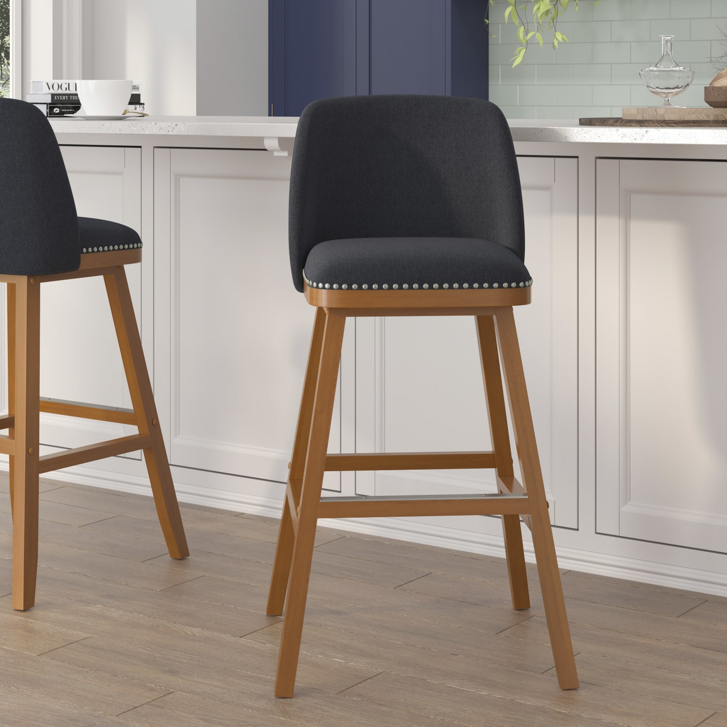 Flash Furniture Julia Set of 2 Transitional Fabric Barstools with Nailhead Trim and Solid Wood Frames, Charcoal Faux Linen - Image 3