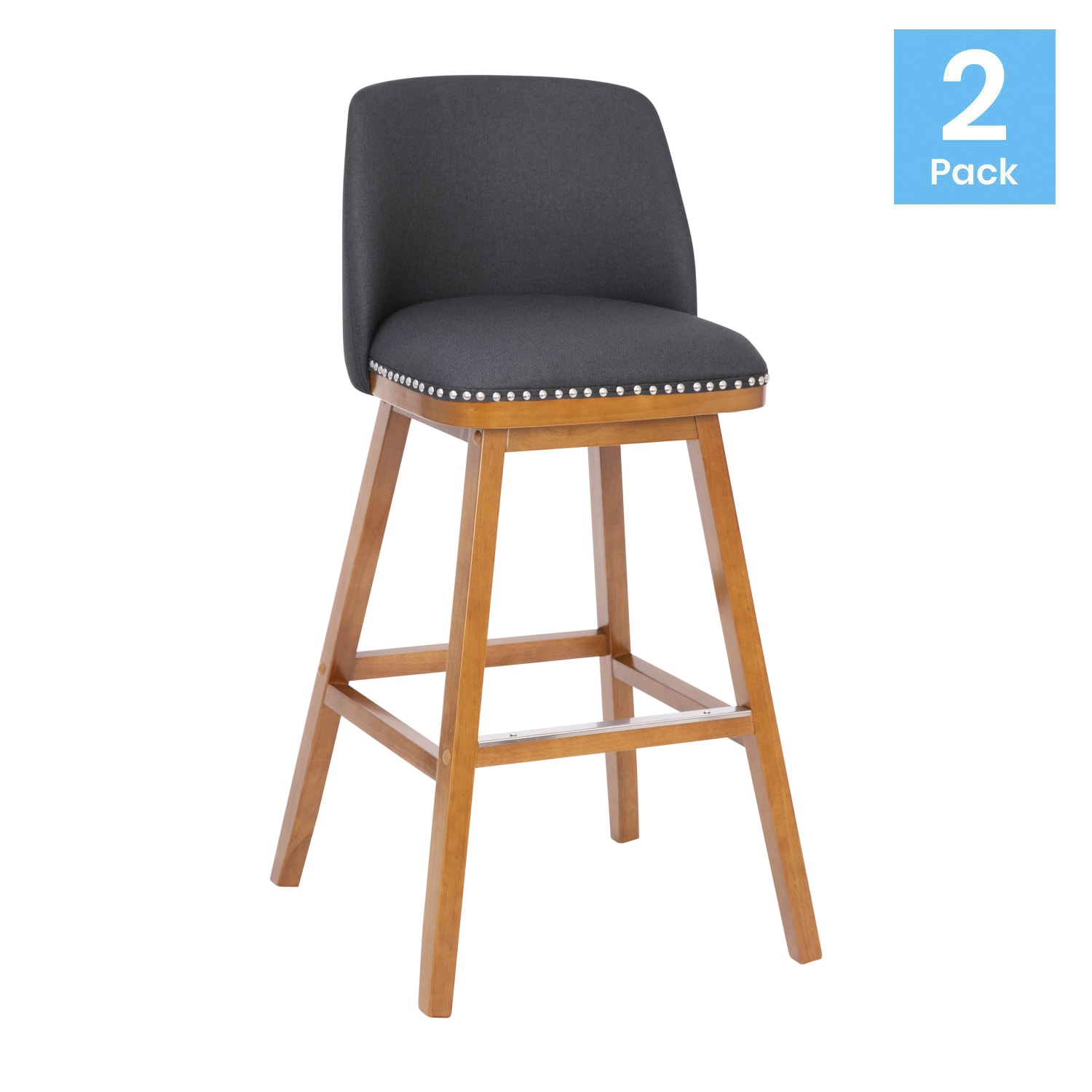 Flash Furniture Julia Set of 2 Transitional Fabric Barstools with Nailhead Trim and Solid Wood Frames, Charcoal Faux Linen - Image 4
