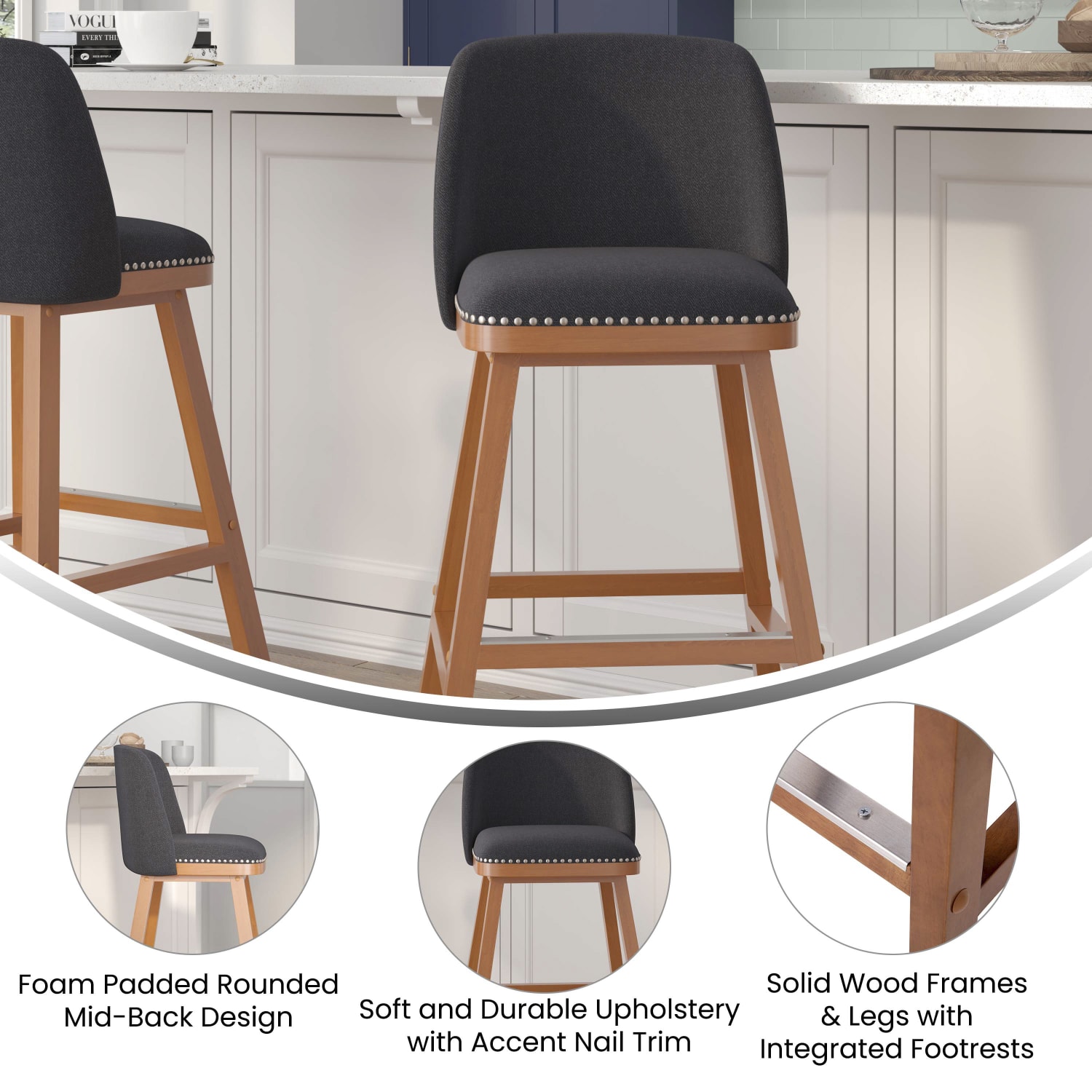 Flash Furniture Julia Set of 2 Transitional Fabric Barstools with Nailhead Trim and Solid Wood Frames, Charcoal Faux Linen - Image 5