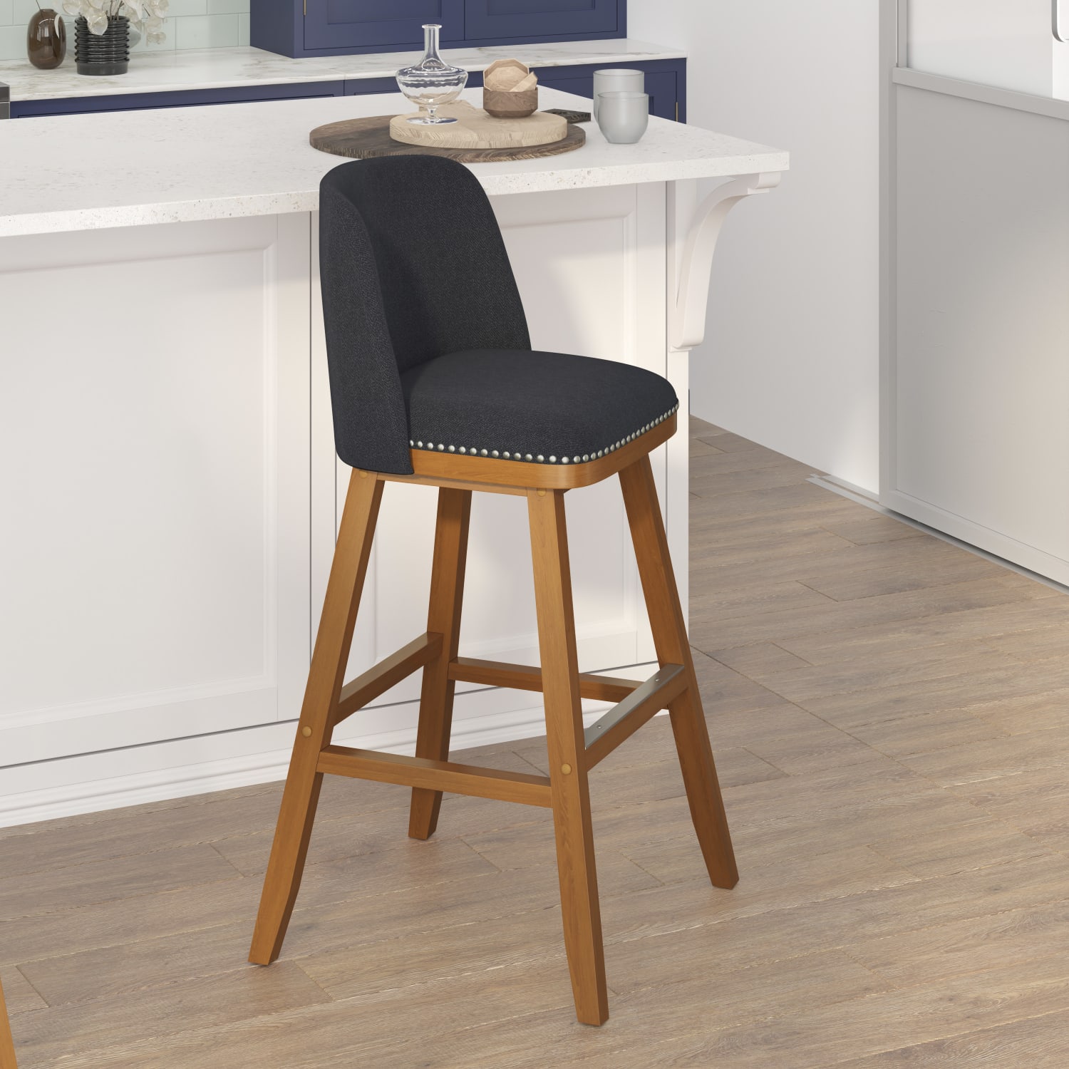 Flash Furniture Julia Set of 2 Transitional Fabric Barstools with Nailhead Trim and Solid Wood Frames, Charcoal Faux Linen - Image 6
