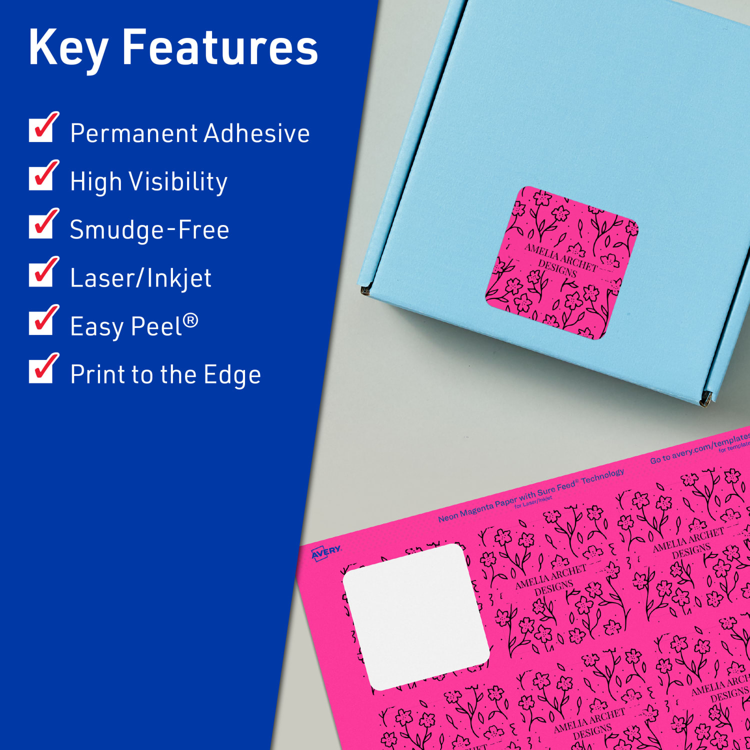 Avery Print-To-The-Edge Labels With Sure Feed Technology And Easy Peel Label Feature, 94107-NMP40, Square, 2in x 2in, Matte Neon Magenta, Pack of 480 - Image 3