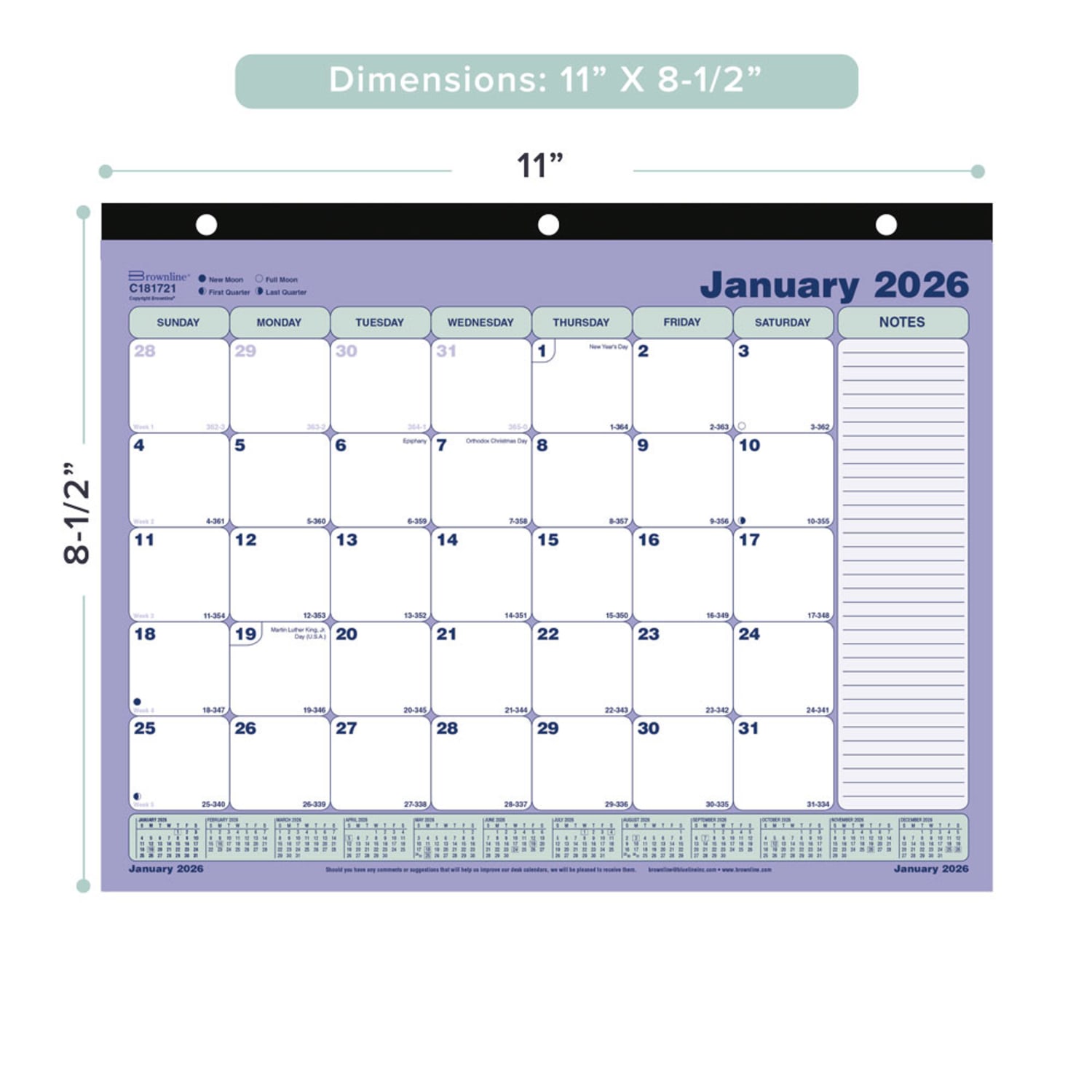 2026 Brownline Monthly Desk Pad Calendar, 11in x 8-1/2in, Blue/White, January To December, C181721 - Image 3