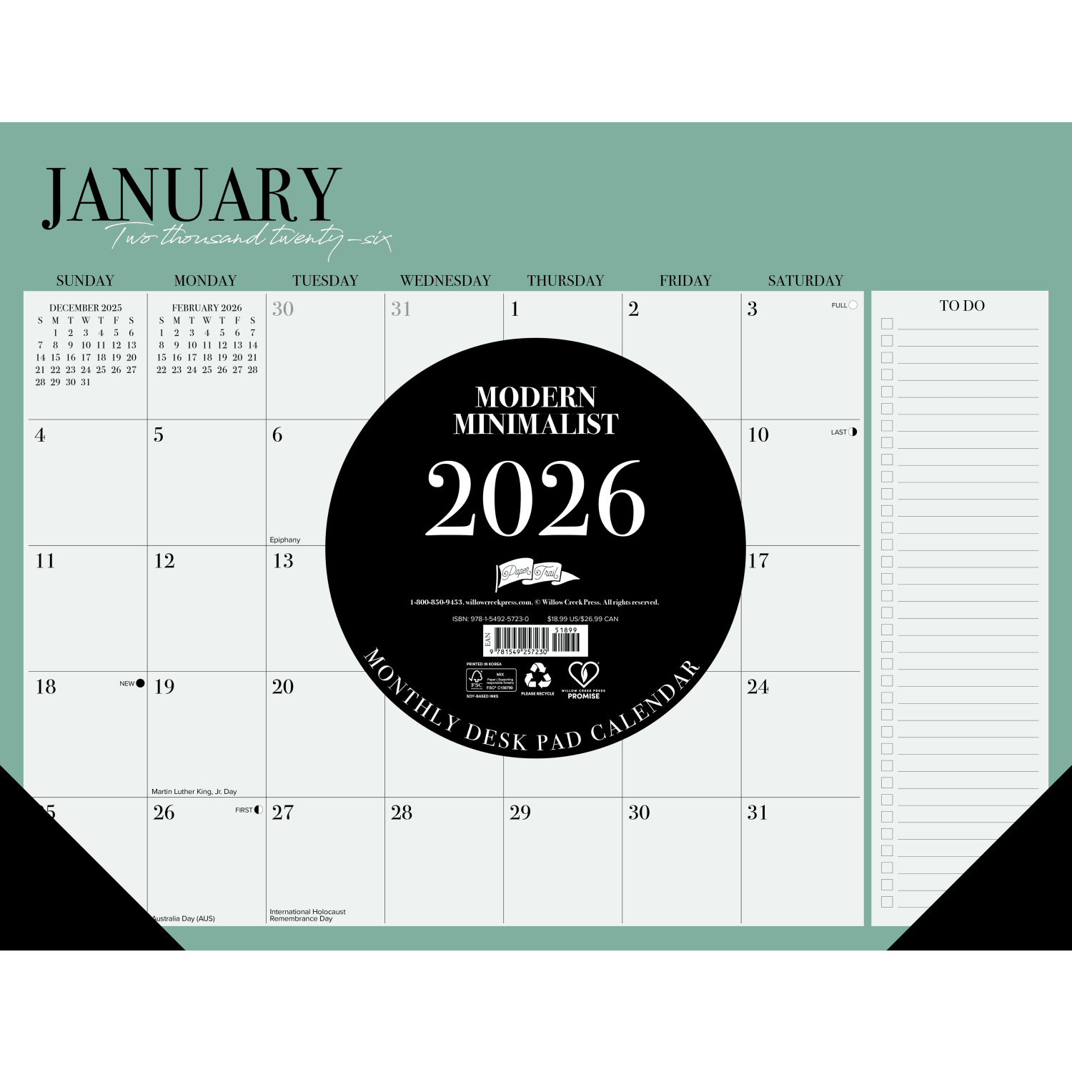 2026 Willow Creek Press Desk Pad Calendar, 22in x 17in, Modern Minimalist, January To December, 57230