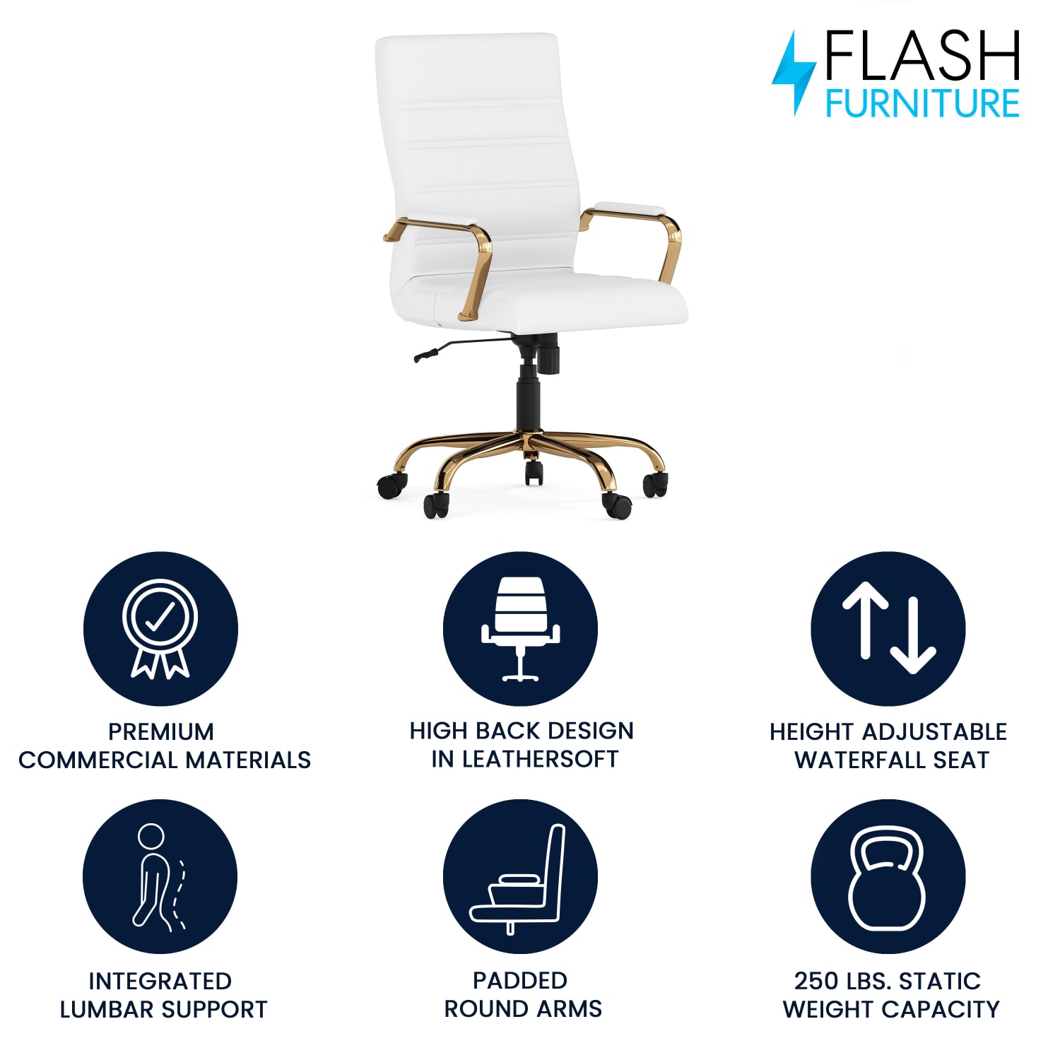 Flash Furniture LeatherSoft Faux Leather High-Back Office Chair, White/Gold - Image 3