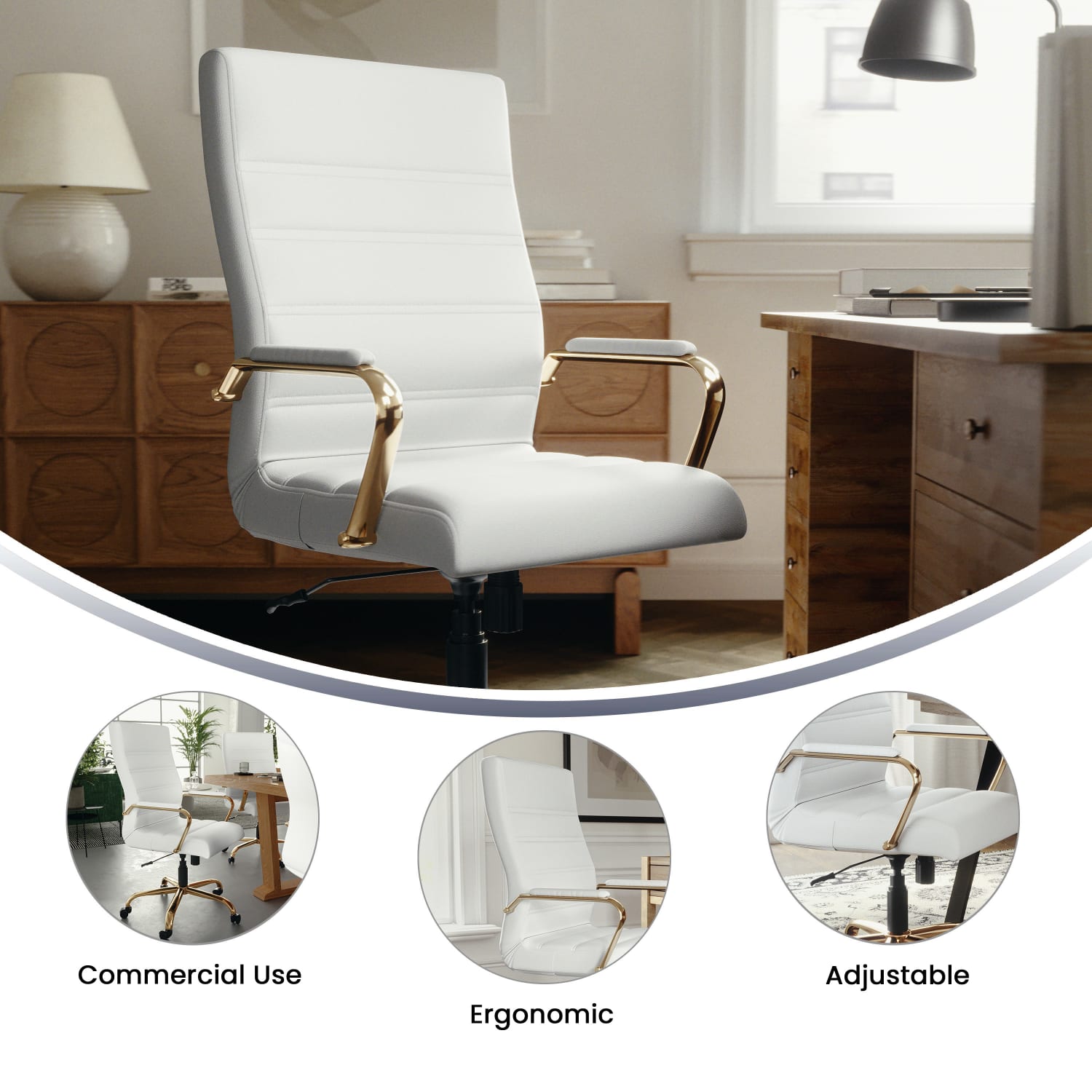 Flash Furniture LeatherSoft Faux Leather High-Back Office Chair, White/Gold - Image 5