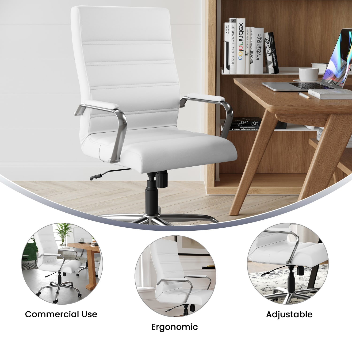 Flash Furniture LeatherSoft Faux Leather High-Back Office Chair With Chrome Base And Arms, White/Gray - Image 5