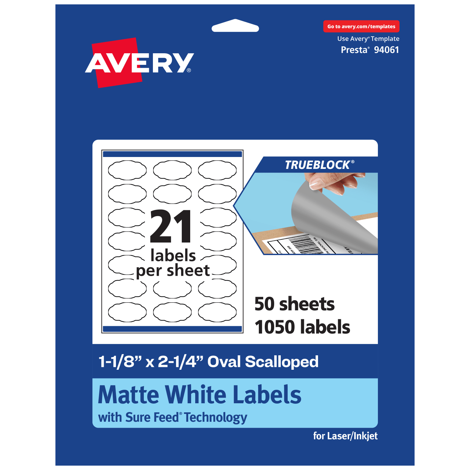 Avery Print-To-The-Edge TrueBlock Labels With Sure Feed, 94061-TWMP50, Oval Scalloped, 1-1/8in x 2-1/4in, Matte White, Pack Of 1050