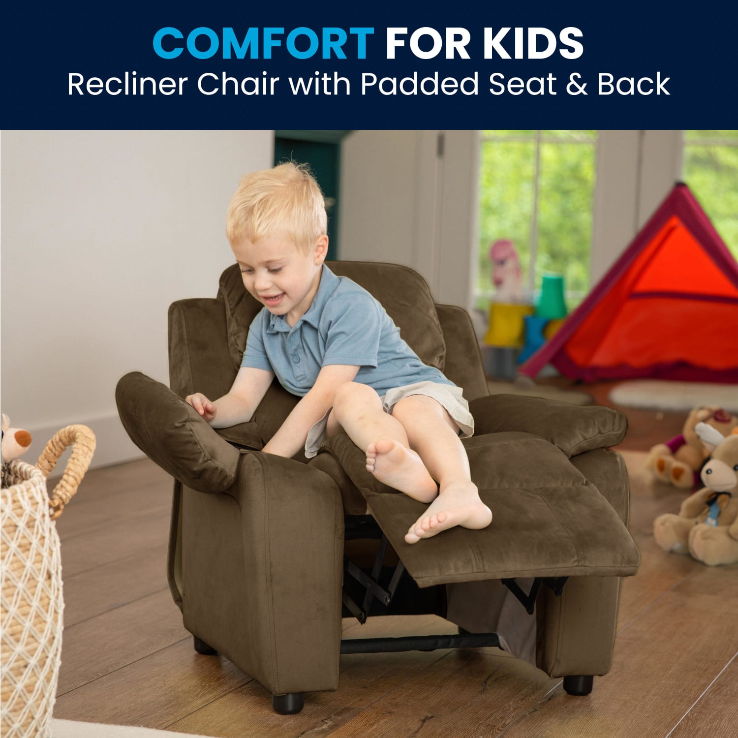 Flash Furniture Deluxe Padded Contemporary Microfiber Kids Recliner Accent Chair With Storage Arms Brown PopularChairscom
