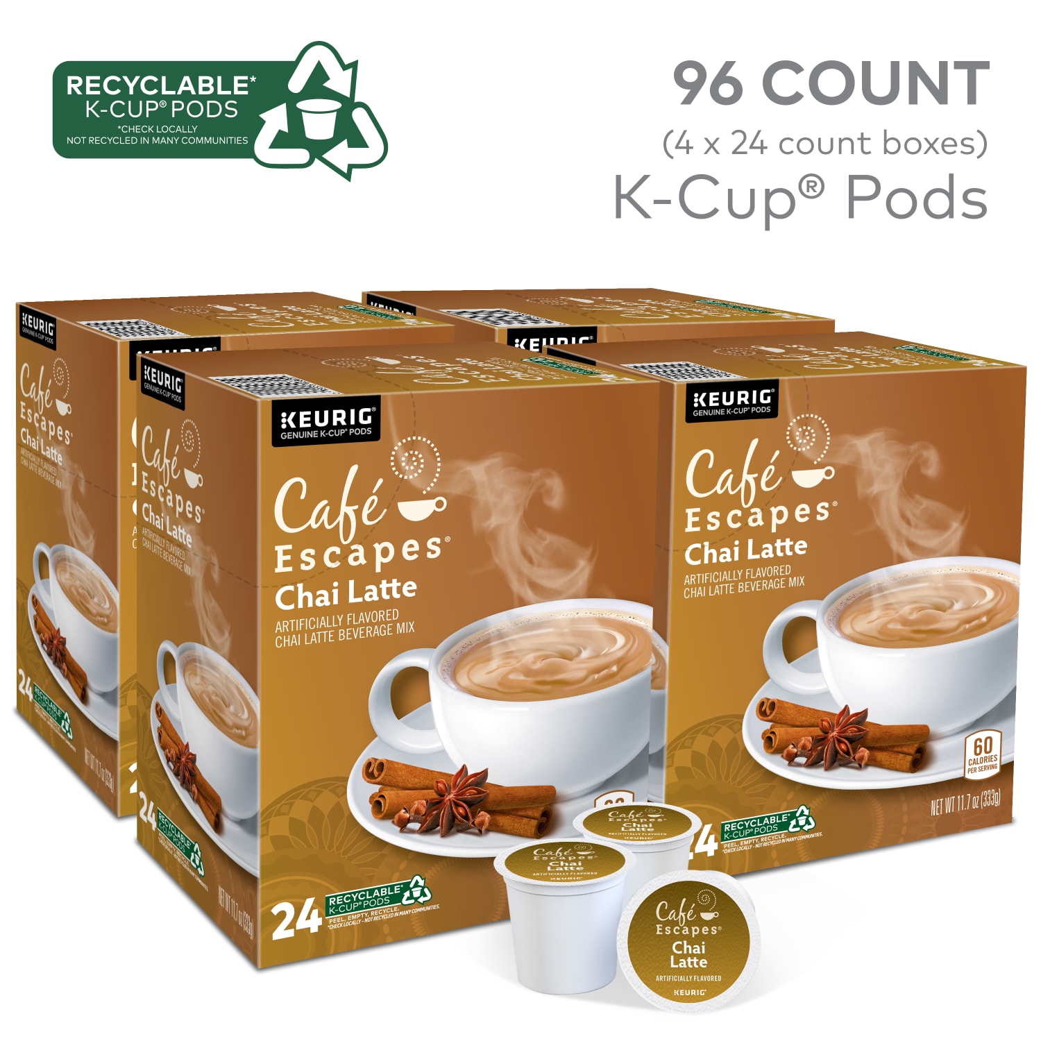 Cafe Escapes Chai Latte Keurig Single-Serve K-Cup Pods, 24 Pods Per Pack, Case Of 4 Packs - Image 3