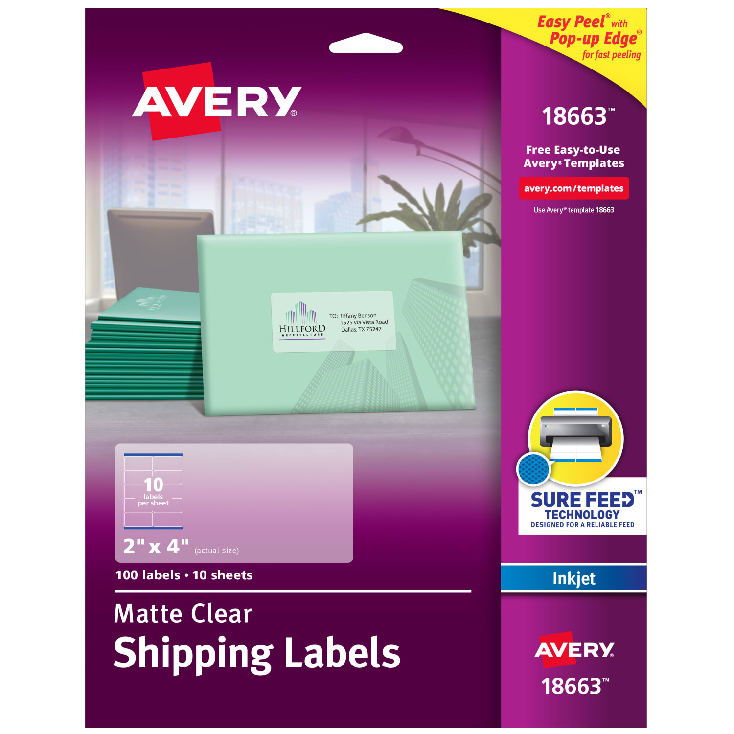 Avery Matte Shipping Labels With Sure Feed Technology, 18663, Rectangle, 2in x 4in, Clear, Pack Of 100