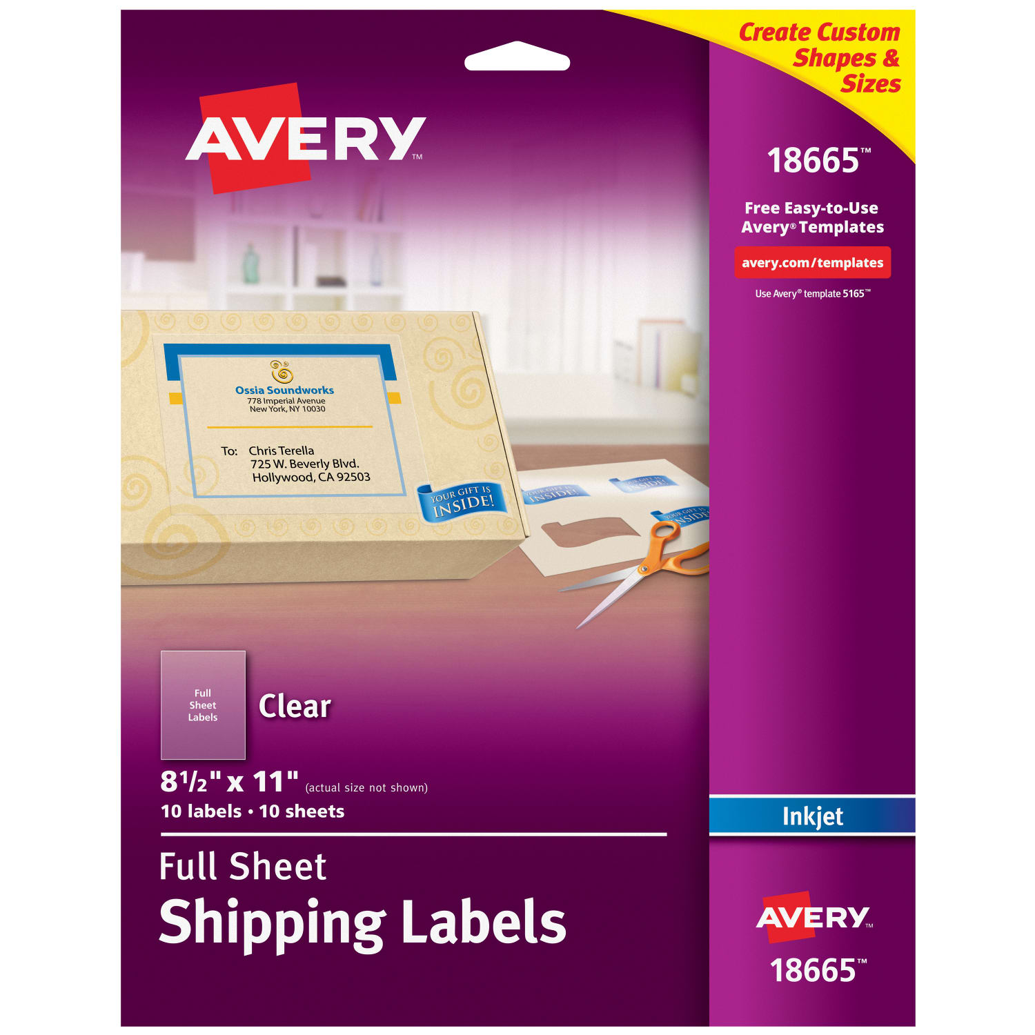 Avery Easy Peel Permanent Address Labels, Shipping, 18665, 8 1/2in x 11in, Matte Clear, Box Of 10