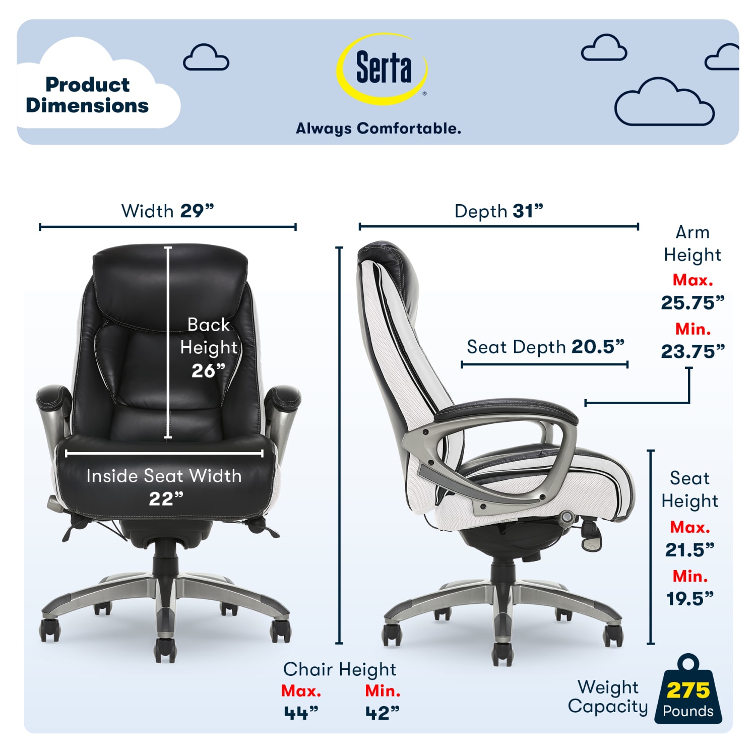 Serta Smart Layers Tranquility Executive Ergonomic Bonded Leather High Back Chair BlackSlate PopularChairscom