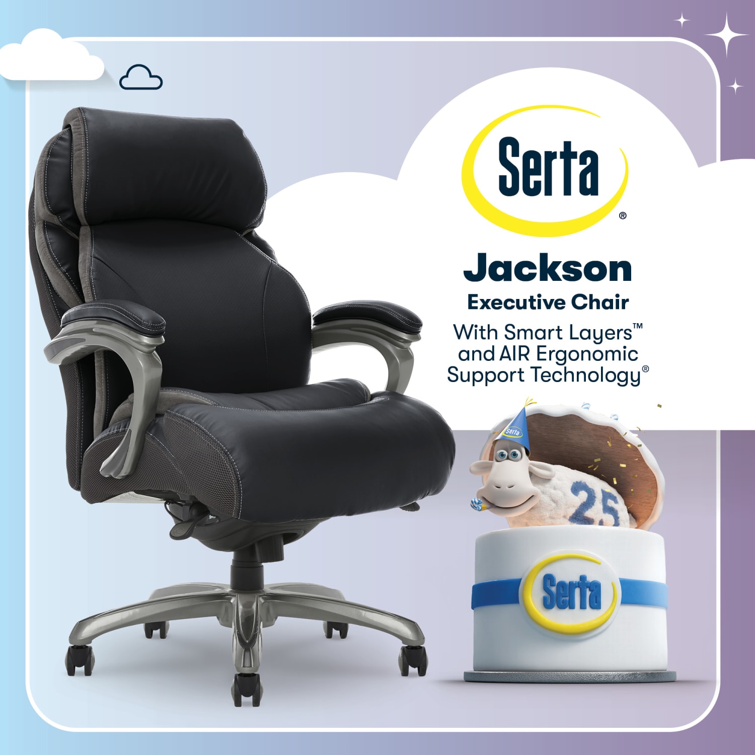 Serta Big And Tall Smart Layers Tranquility Ergonomic Bonded Leather High-Back Chair With AIR Technology, Black/Slate - Image 4