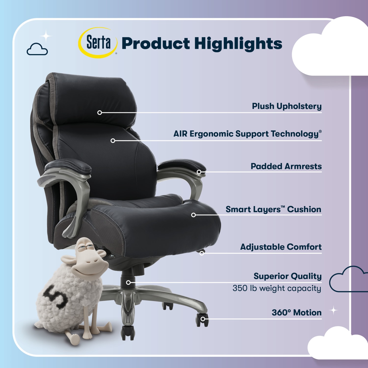 Serta Big And Tall Smart Layers Tranquility Ergonomic Bonded Leather High-Back Chair With AIR Technology, Black/Slate - Image 6