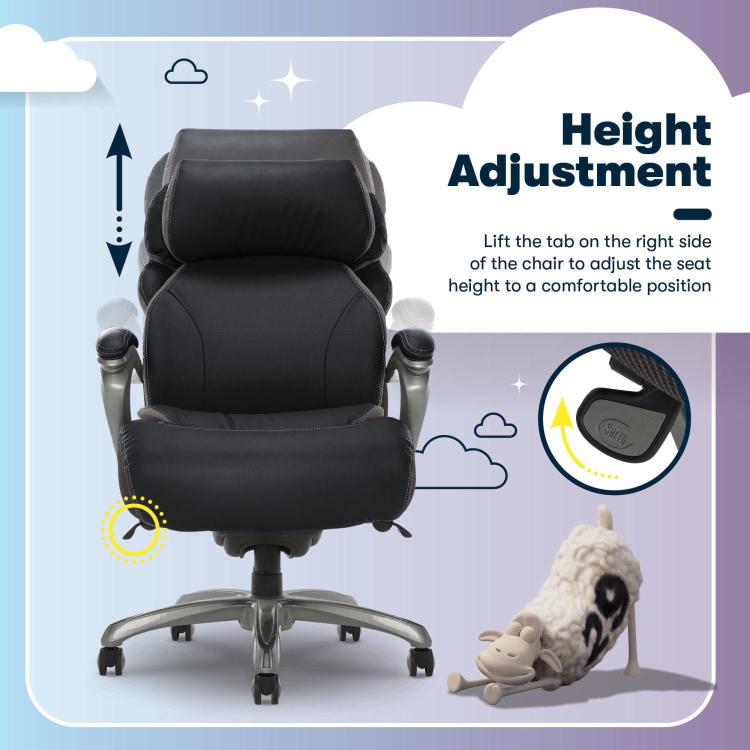 Serta Big And Tall Smart Layers Tranquility Ergonomic Bonded Leather High-Back Chair With AIR Technology, Black/Slate - Image 9
