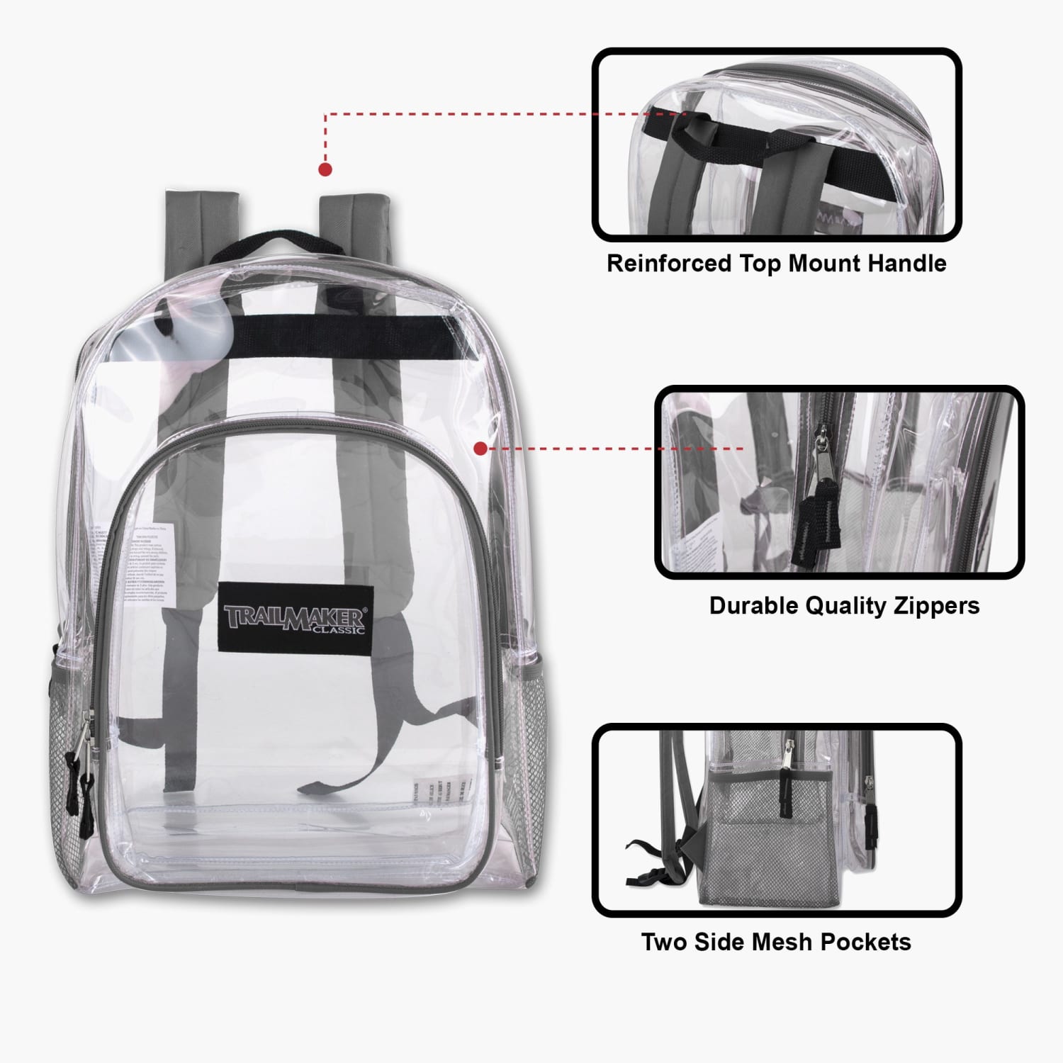 Trailmaker Heavy-Duty Clear Backpack, Gray Trim - Image 3