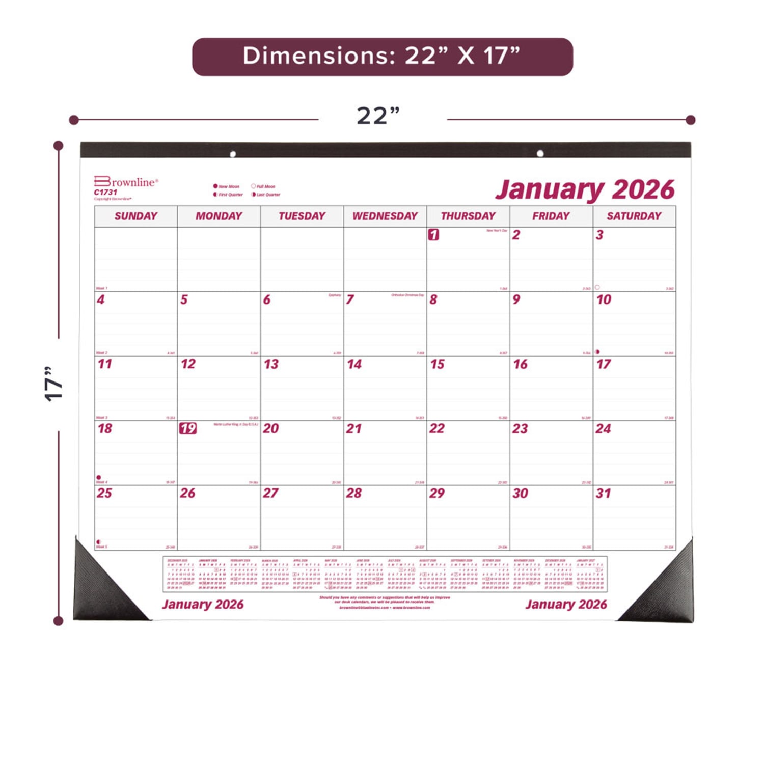 2026 Brownline Monthly Desk Pad Calendar, 22in x 17in, Burgundy/White, January To December, C1731 - Image 3