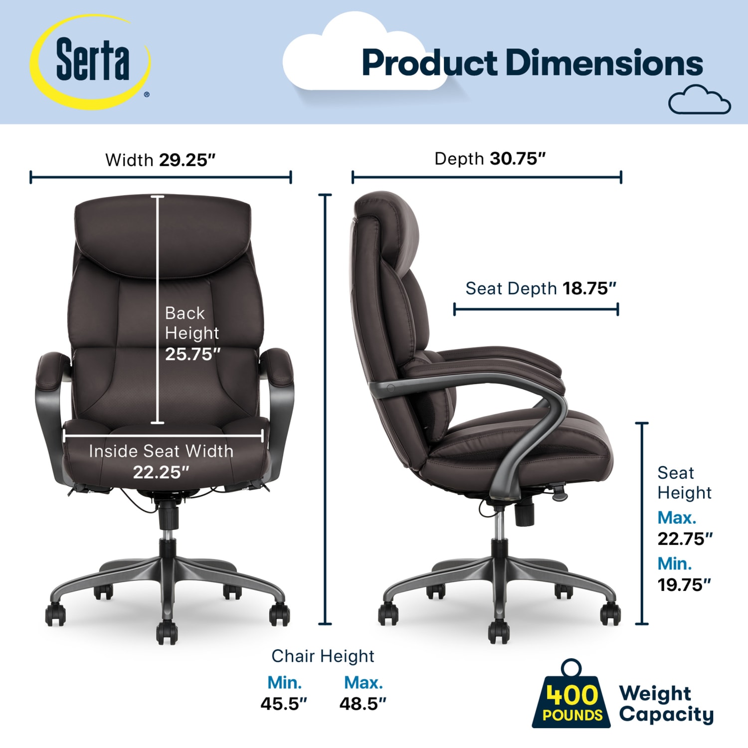 Serta SmartLayers Bellmore Big & Tall Ergonomic Executive Office Chair with Pebbled-Texture Vegan Leather, Brown/Dark Gray, BIFMA Compliant - Image 3