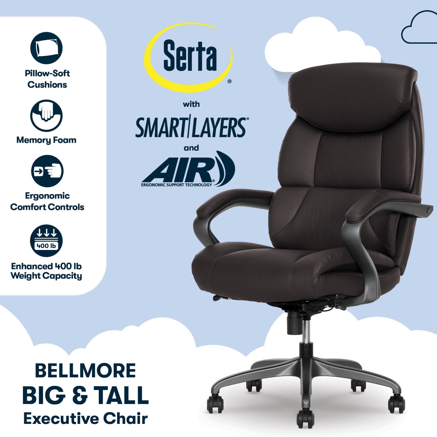 Serta SmartLayers Bellmore Big & Tall Ergonomic Executive Office Chair with Pebbled-Texture Vegan Leather, Brown/Dark Gray, BIFMA Compliant - Image 4