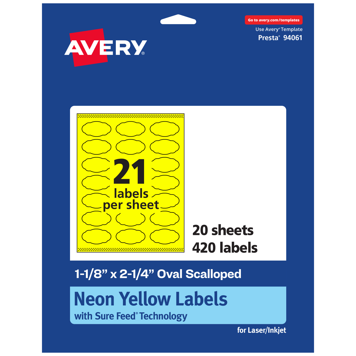 Avery Print-To-The-Edge Labels With Sure Feed Technology And Easy Peel, 94061-NYP20, Oval Scalloped, 1-1/8inx2-1/4in, Matte Neon Yellow, Pack of 420