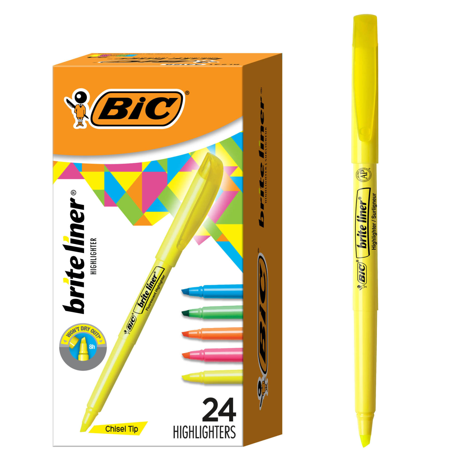 BIC Brite Liner Highlighters Pocket Style, Chisel Tip, Assorted, Box Of 24