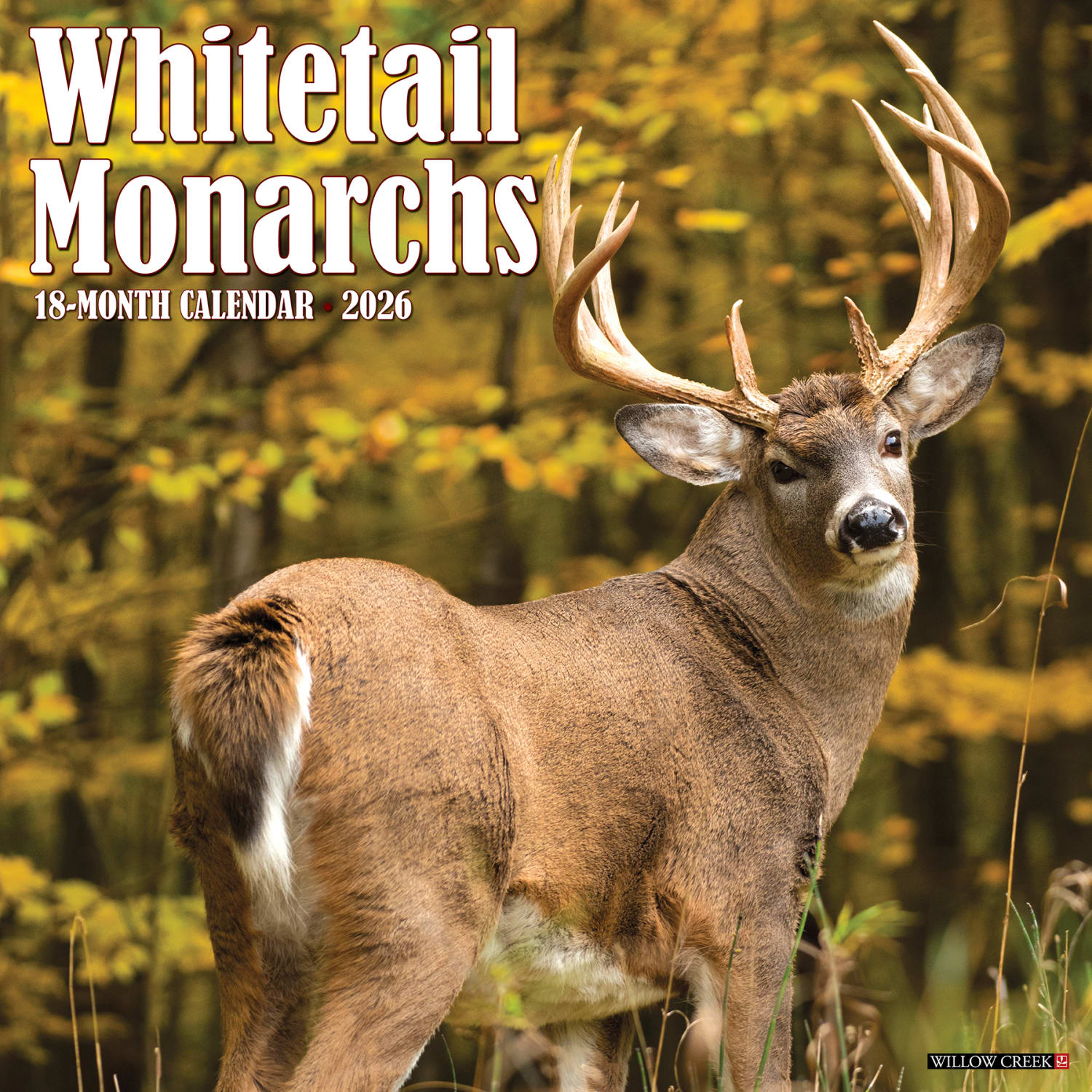 2026 Willow Creek Press Animals Monthly Wall Calendar, 12in x 12in, Whitetail Monarchs (Deer), January To December, 53249