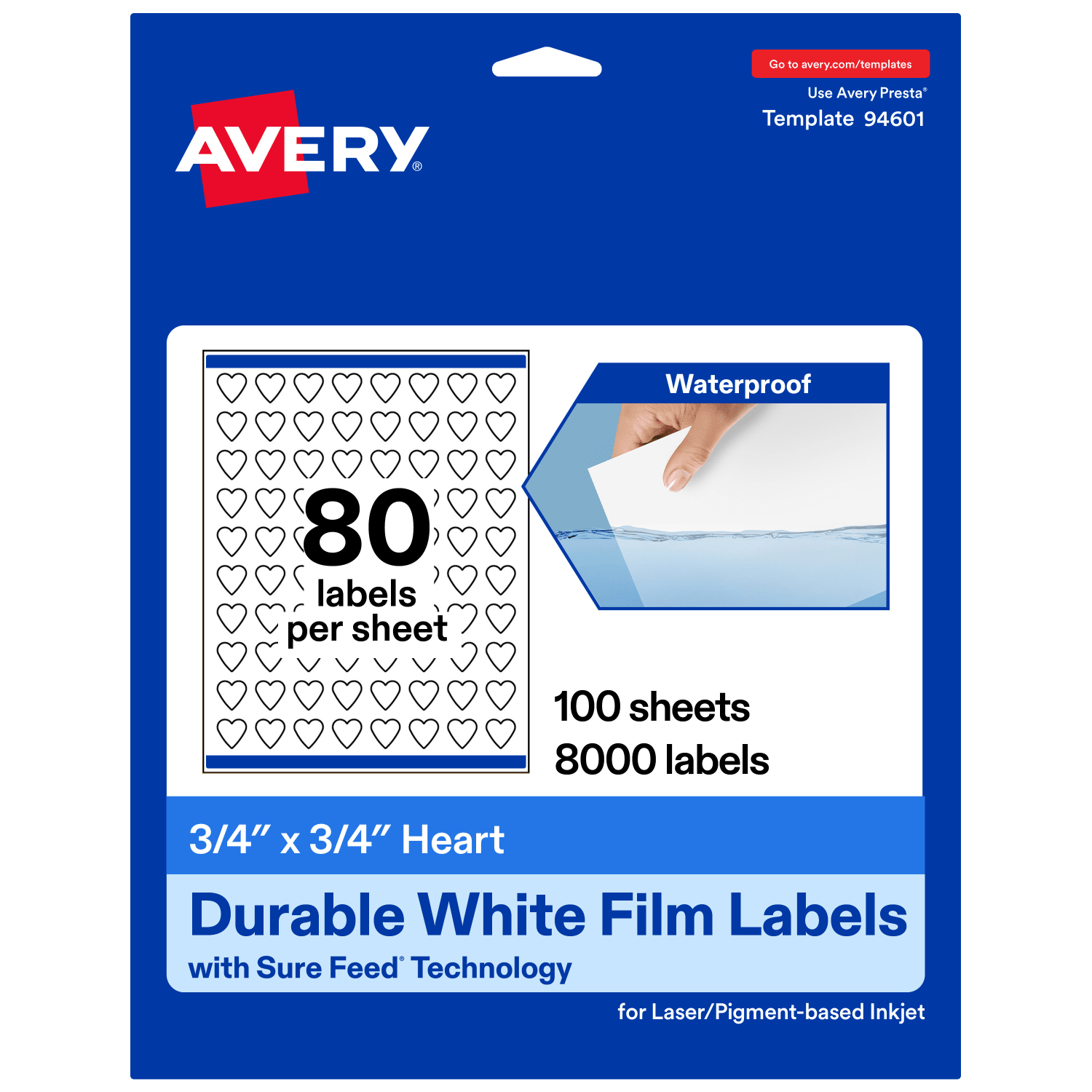 Avery Waterproof Permanent Labels With Sure Feed, 94601-WMF100, Heart, 3/4in x 3/4in, White, Pack Of 8,000