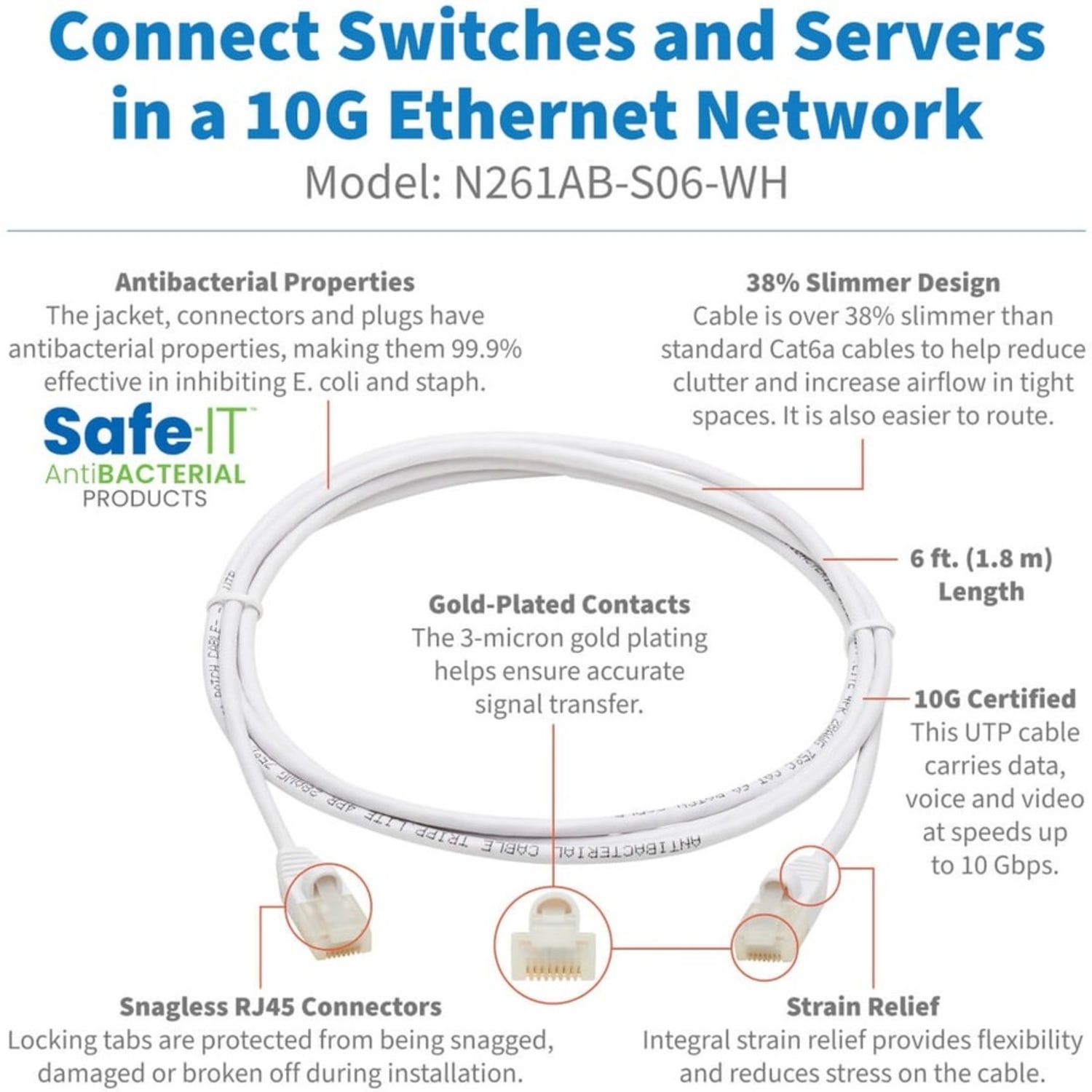 Tripp Lite Safe-IT Cat6a Ethernet Cable Antibacterial Snagless Slim M/M 6ft  - 10 Gbit/s - Gold Plated Contact - 28 AWG - White - Image 3