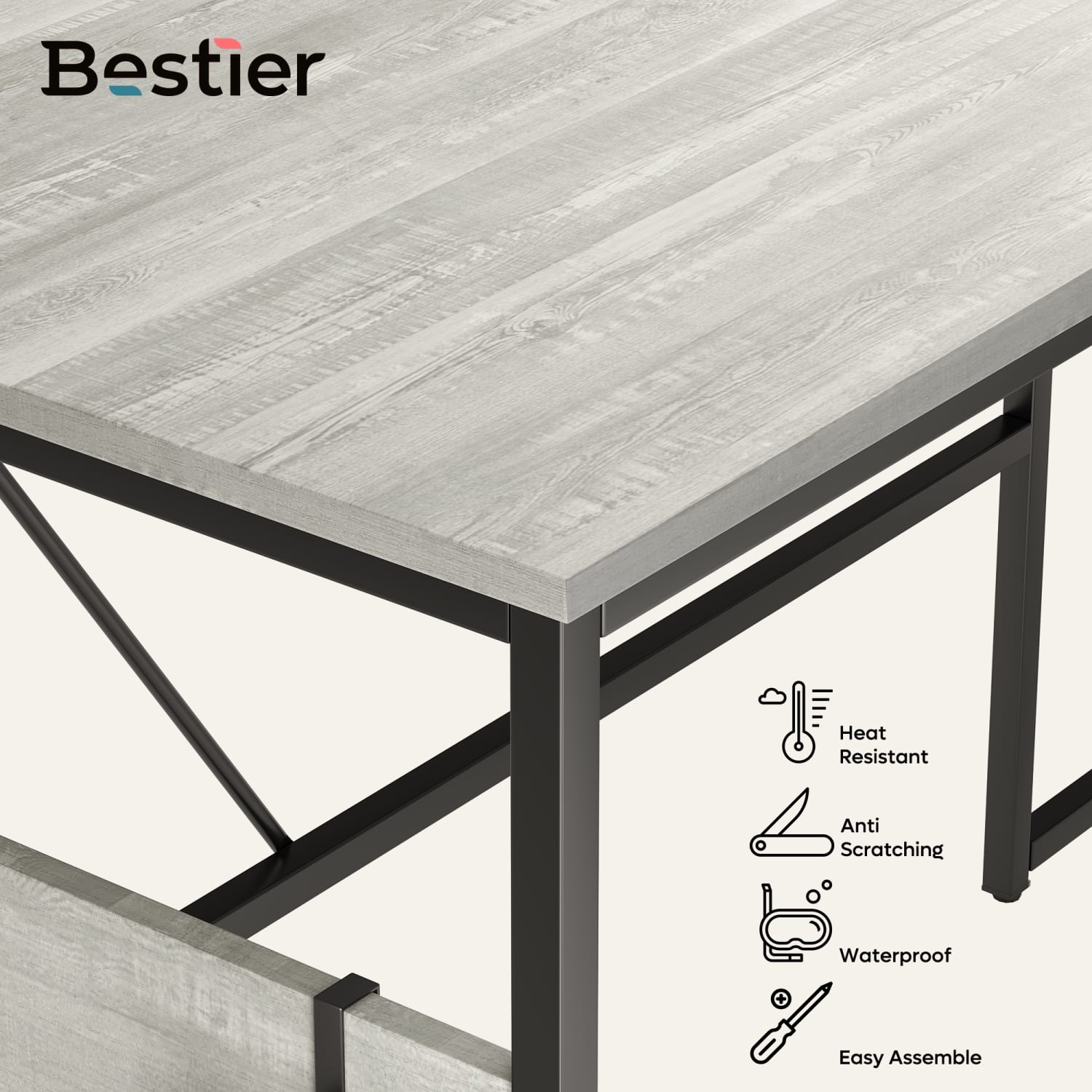 Bestier Reversible 60inW Corner Computer Desk With Storage Cabinet & Accessory Hooks, White Wash - Image 3