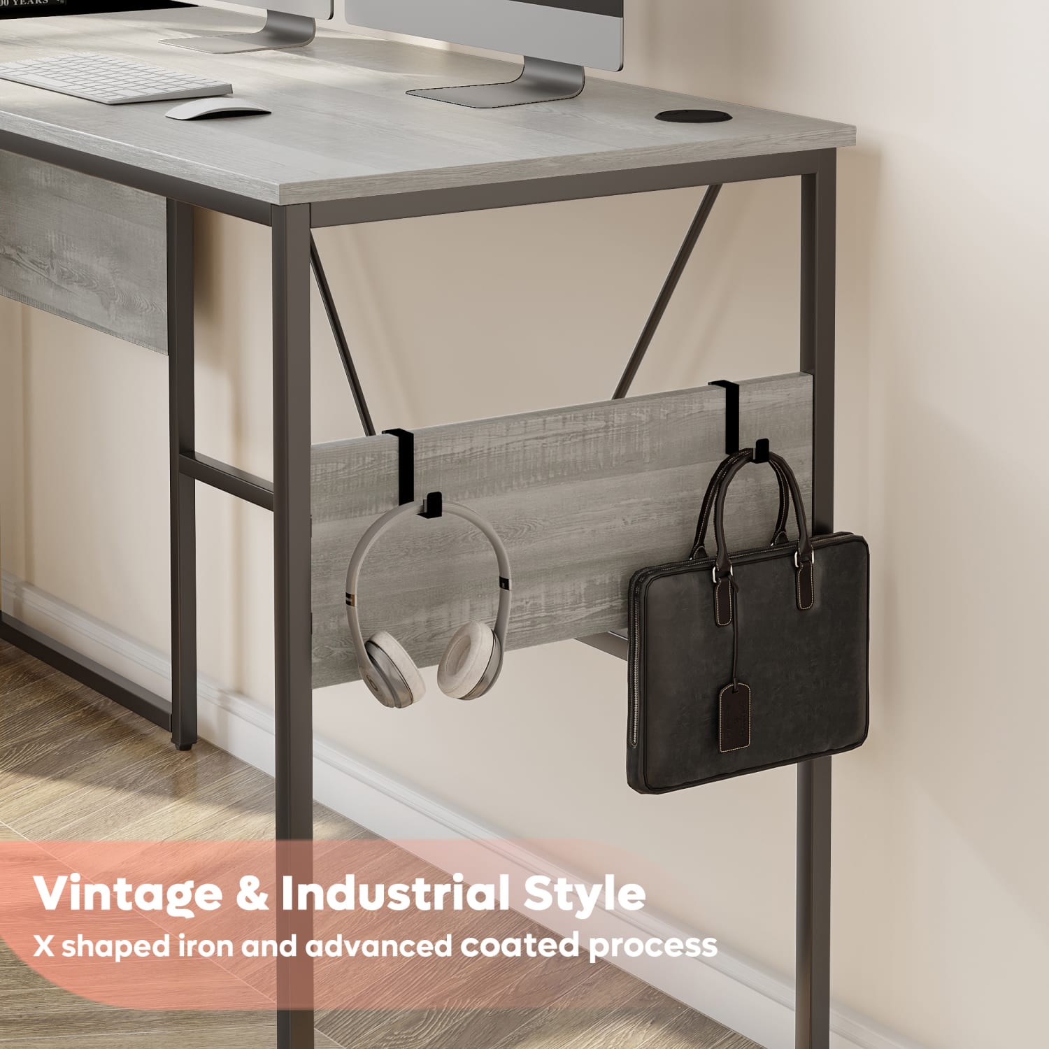 Bestier Reversible 60inW Corner Computer Desk With Storage Cabinet & Accessory Hooks, White Wash - Image 4