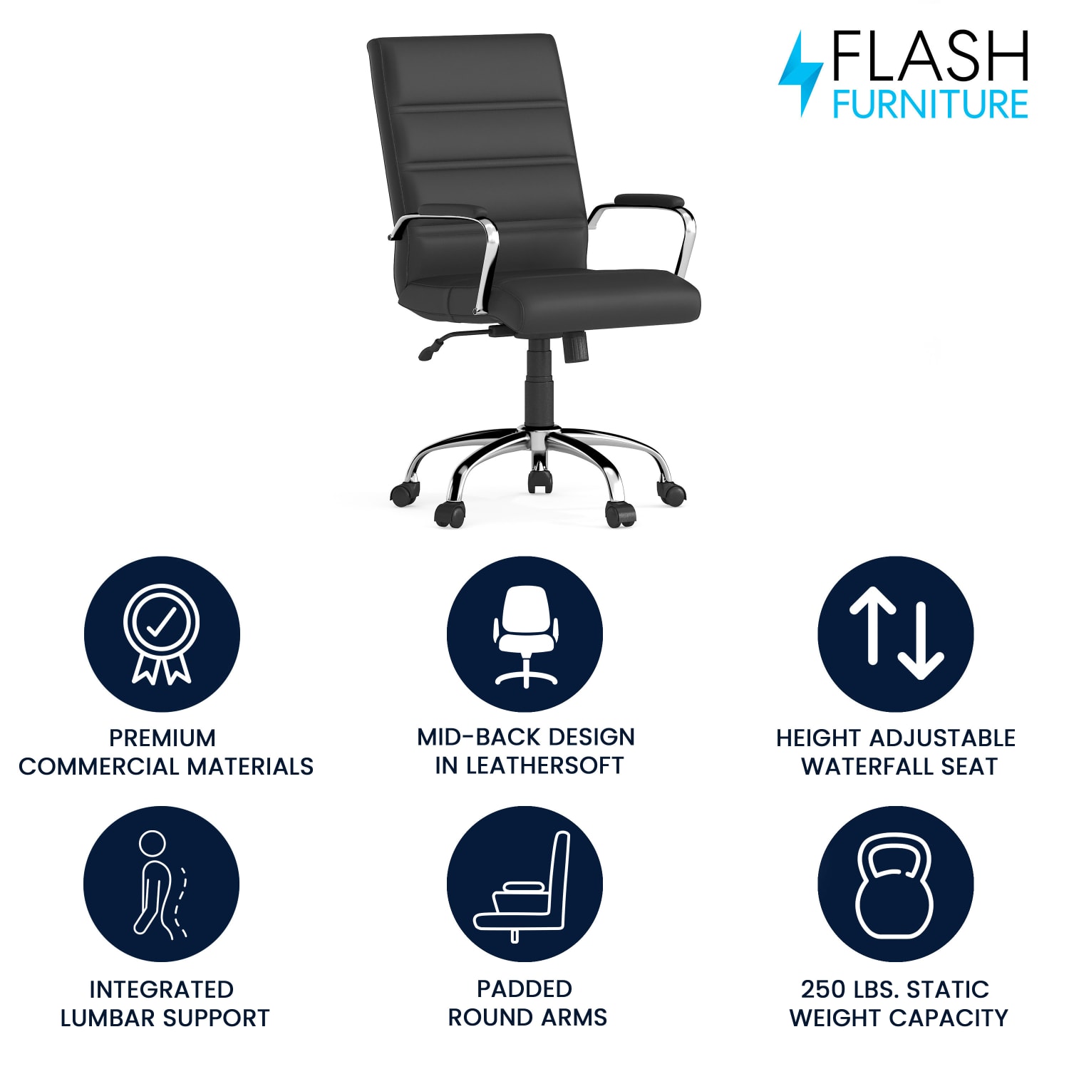 Flash Furniture LeatherSoft Faux Leather Mid Back Office Chair With Chrome Base And Arms BlackGray PopularChairscom