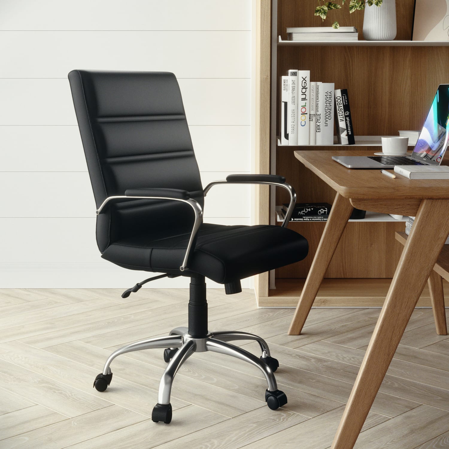 Flash Furniture LeatherSoft Faux Leather Mid Back Office Chair With Chrome Base And Arms BlackGray PopularChairscom