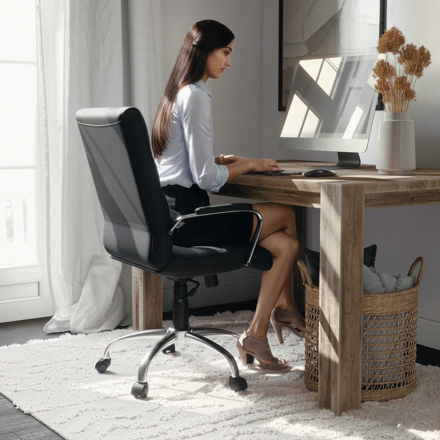 Flash Furniture LeatherSoft Faux Leather Mid Back Office Chair With Chrome Base And Arms BlackGray PopularChairscom