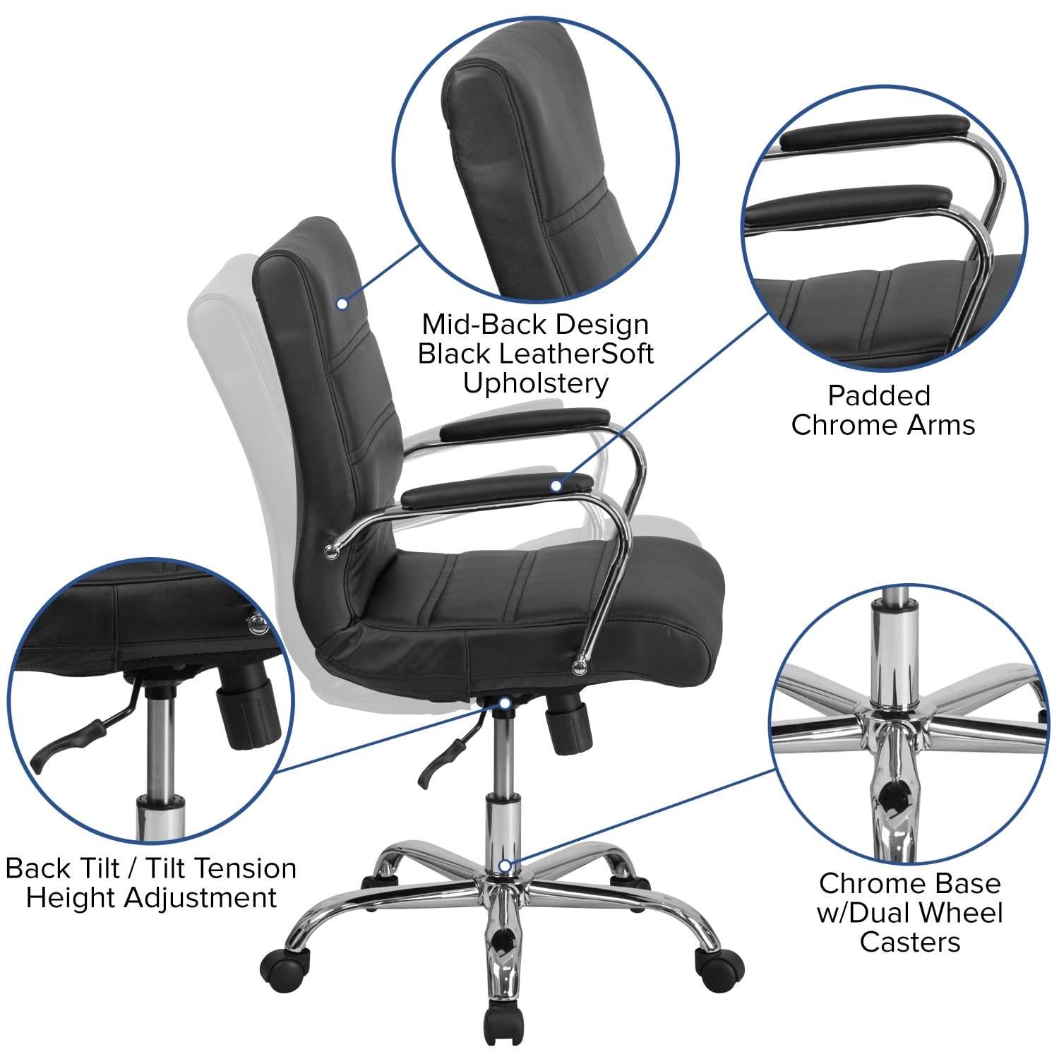 Flash Furniture LeatherSoft Faux Leather Mid Back Office Chair With Chrome Base And Arms BlackGray PopularChairscom