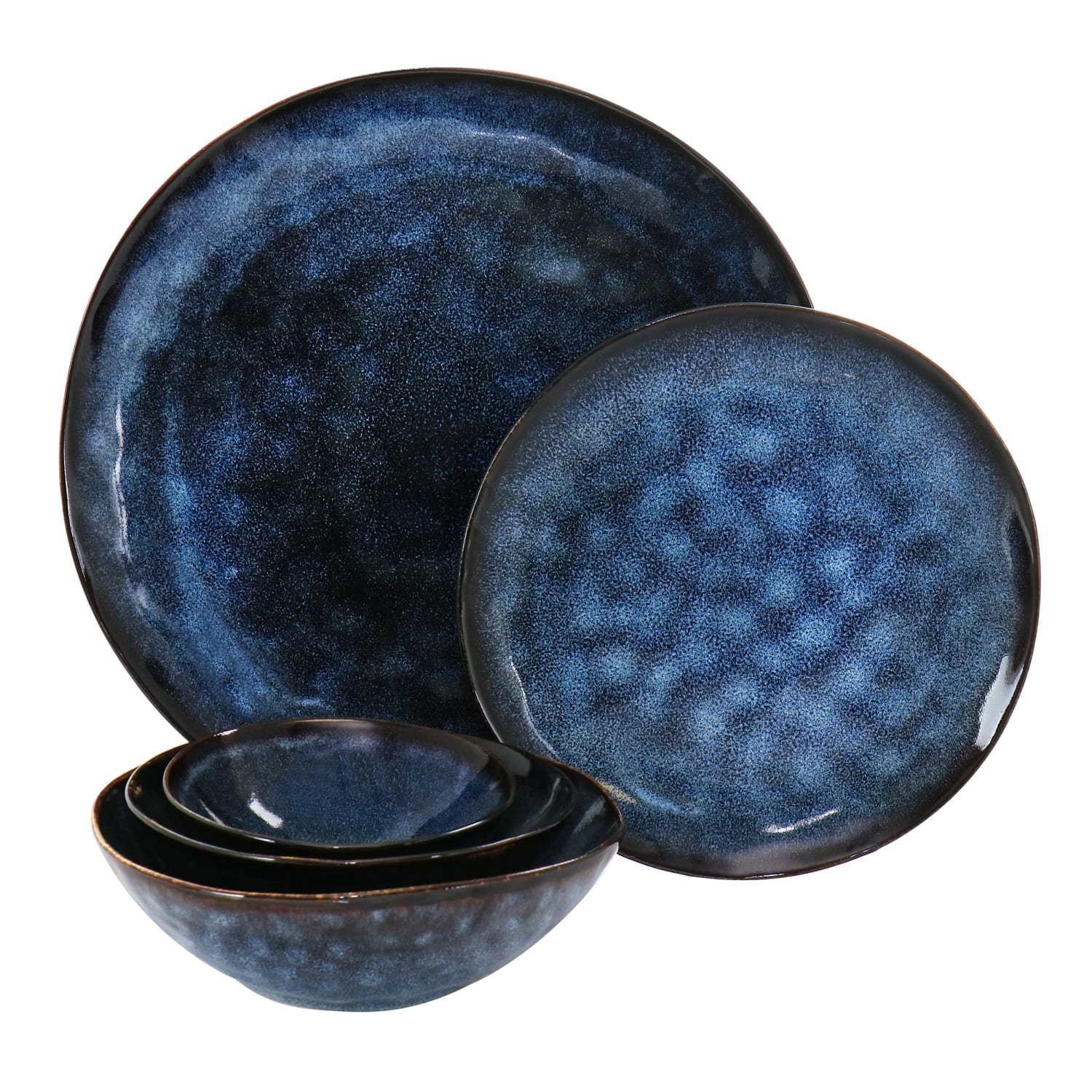 Elama Lucca 20-Piece Round Stoneware Triple-Bowl Dinnerware Set, Blue/Brown - Image 3