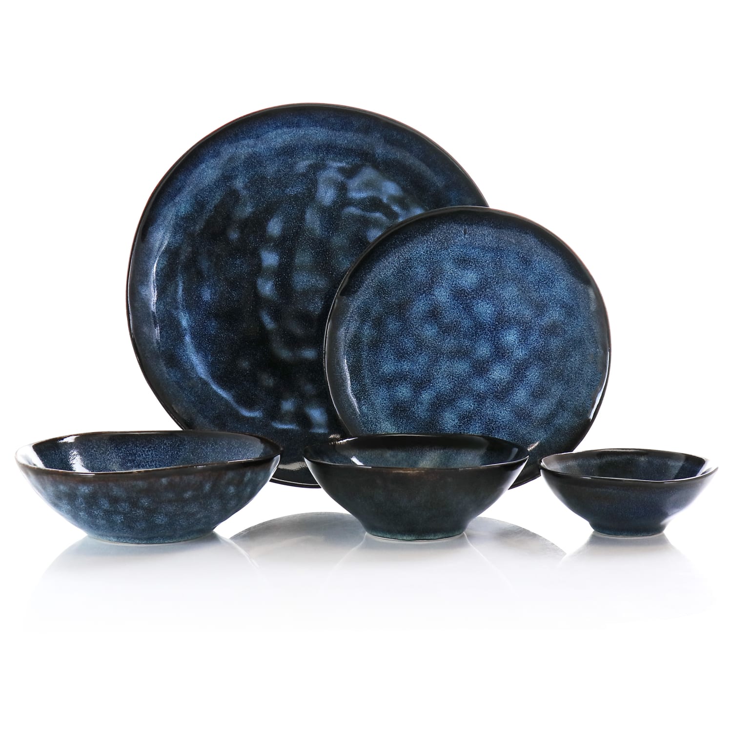 Elama Lucca 20-Piece Round Stoneware Triple-Bowl Dinnerware Set, Blue/Brown - Image 4
