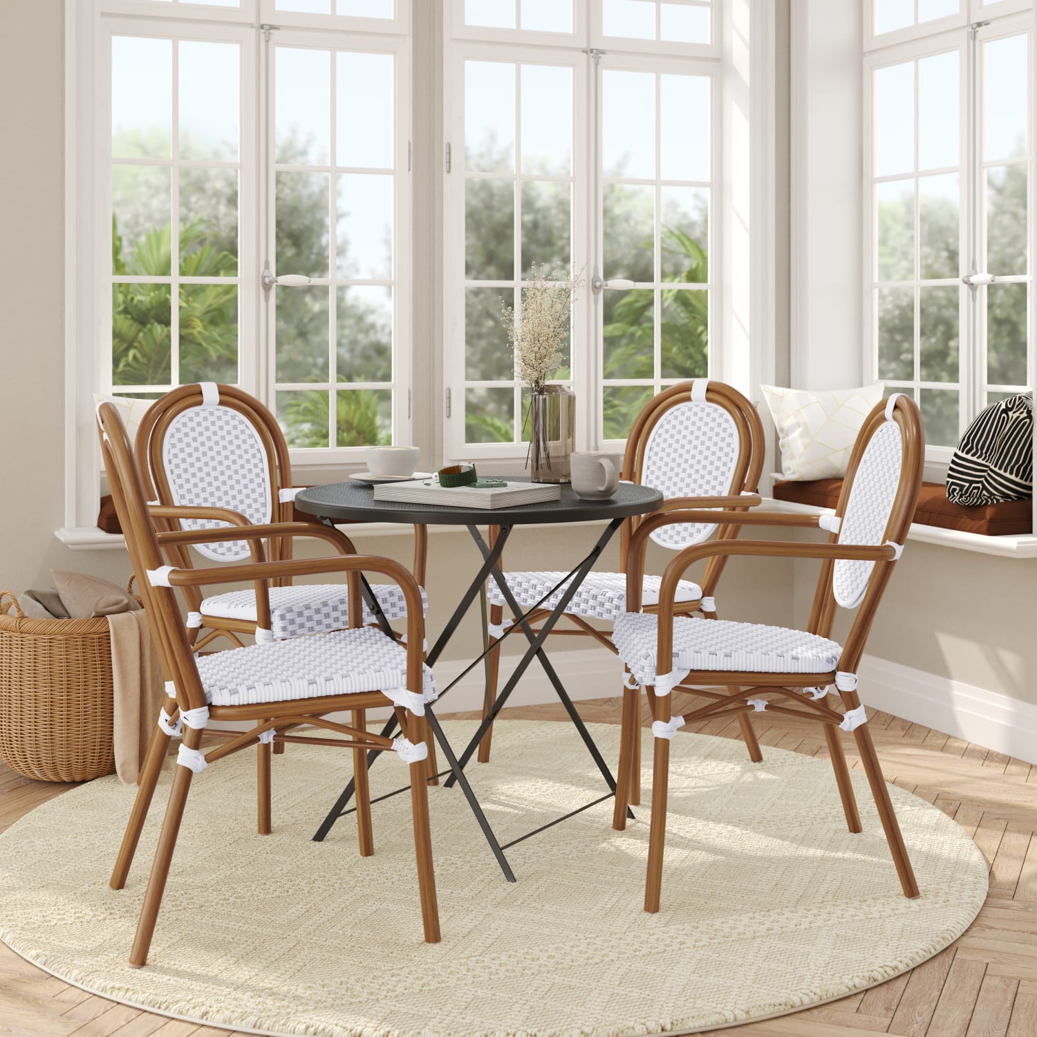 Flash Furniture 4 Pack Lourdes IndoorOutdoor Commercial Thonet Bistro Stacking Chair with Arms White  GrayNatural Frame  4SDA6422AWGYN PopularChairscom
