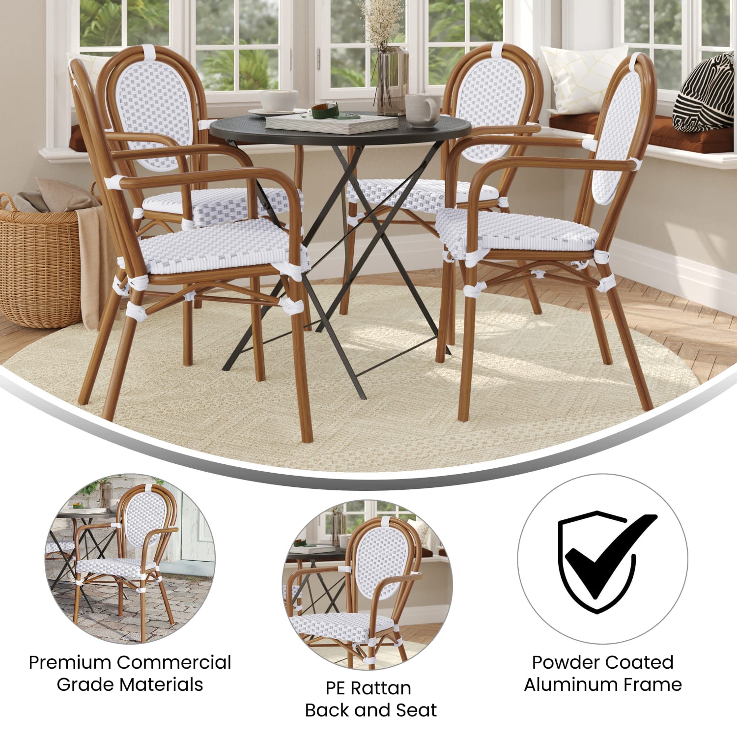 Flash Furniture 4 Pack Lourdes Indoor/Outdoor Commercial Thonet Bistro Stacking Chair with Arms, PE Rattan and Aluminum Frame, White & Gray/Natural Frame - Image 5